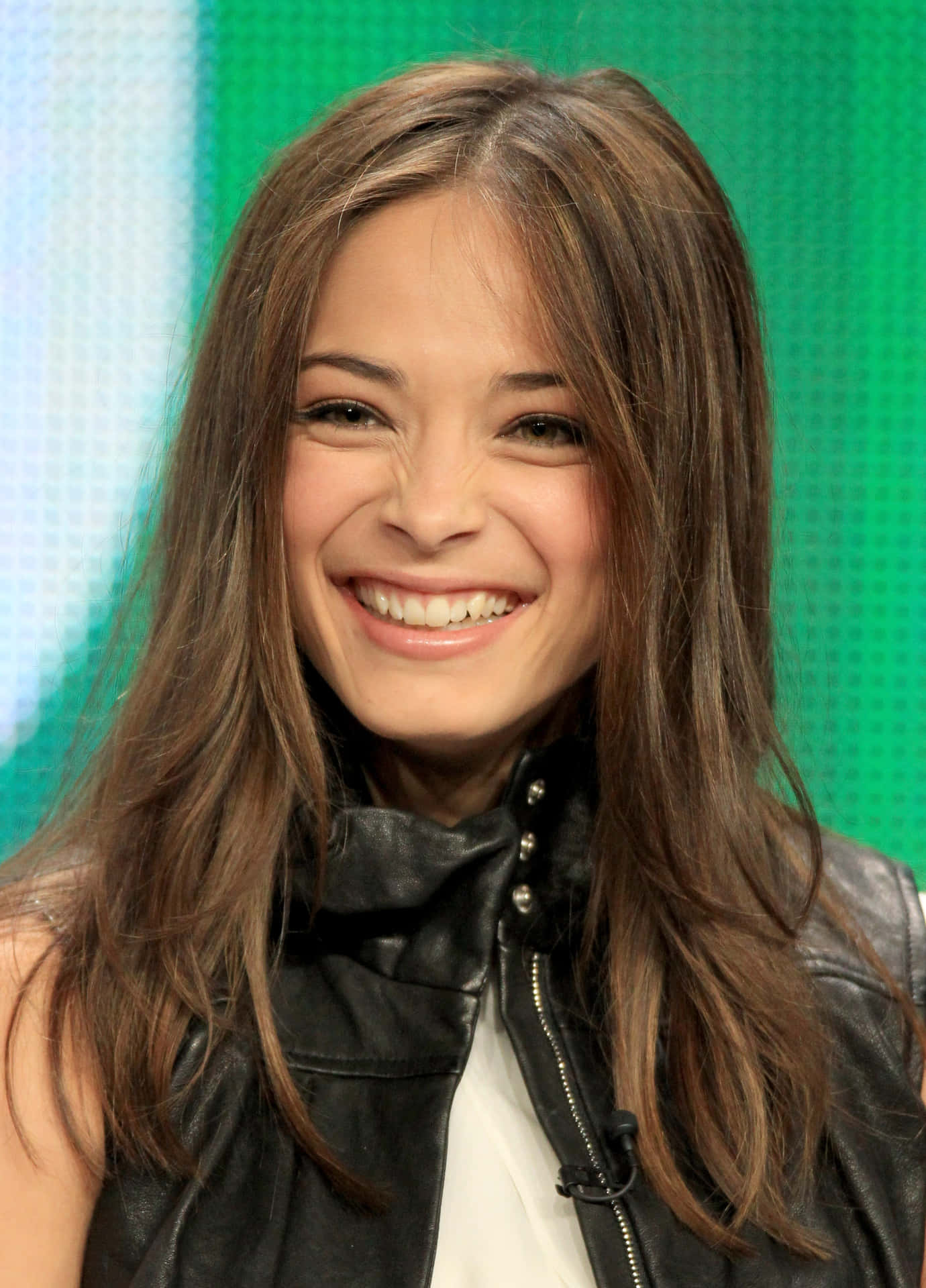 Kristin Kreuk Smiling Leather Jacket