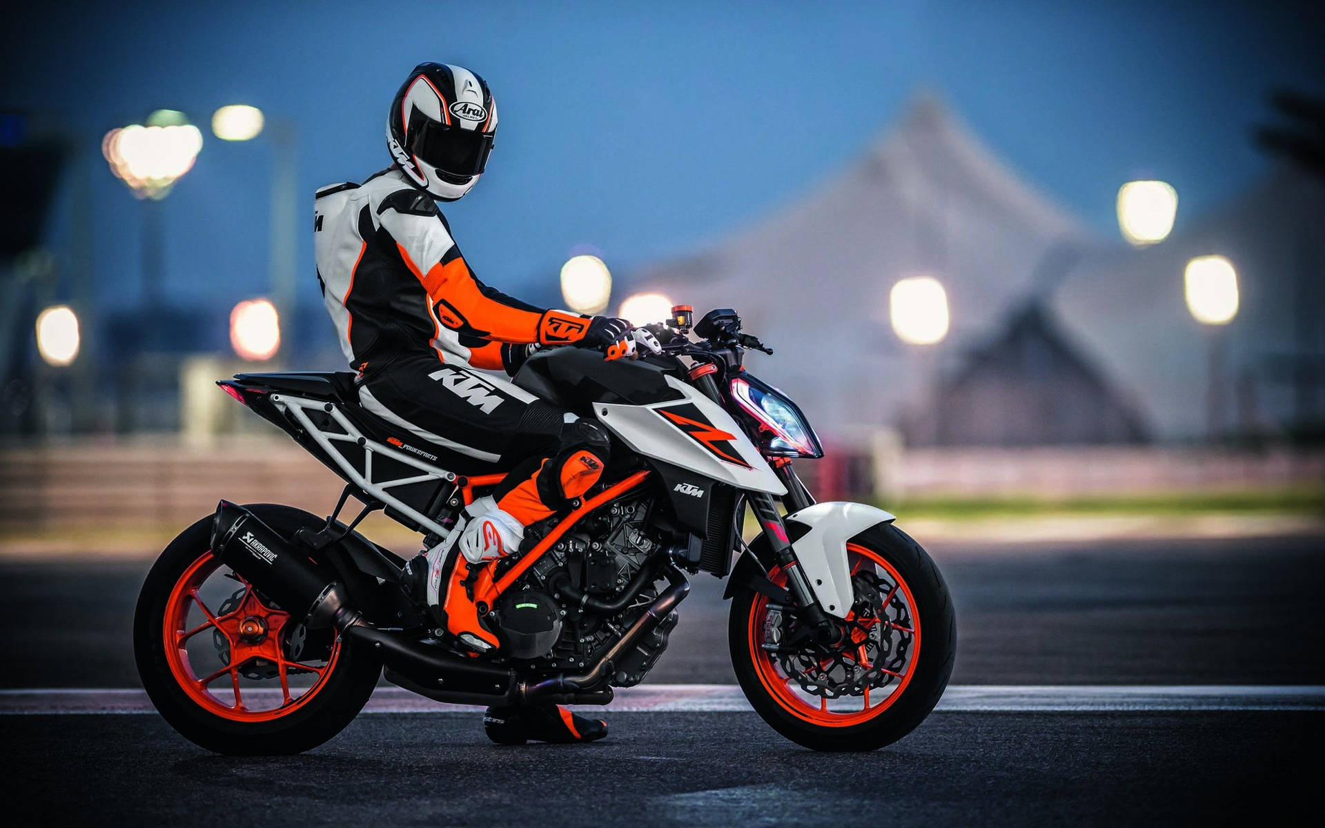 Ktm Duke 390 Rider In Full Gear Background