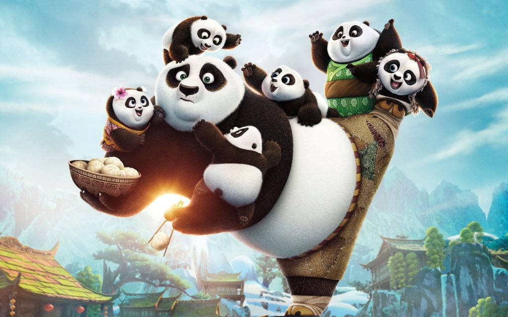 Kung Fu Panda Holding Many Baby Pandas Background