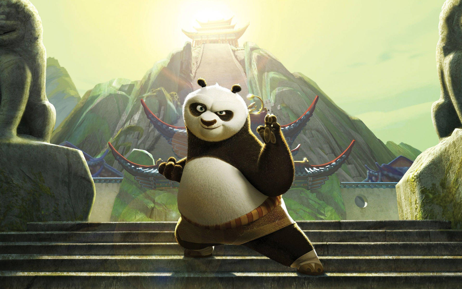 Kung Fu Panda Strikes A Pose By The Temple Background