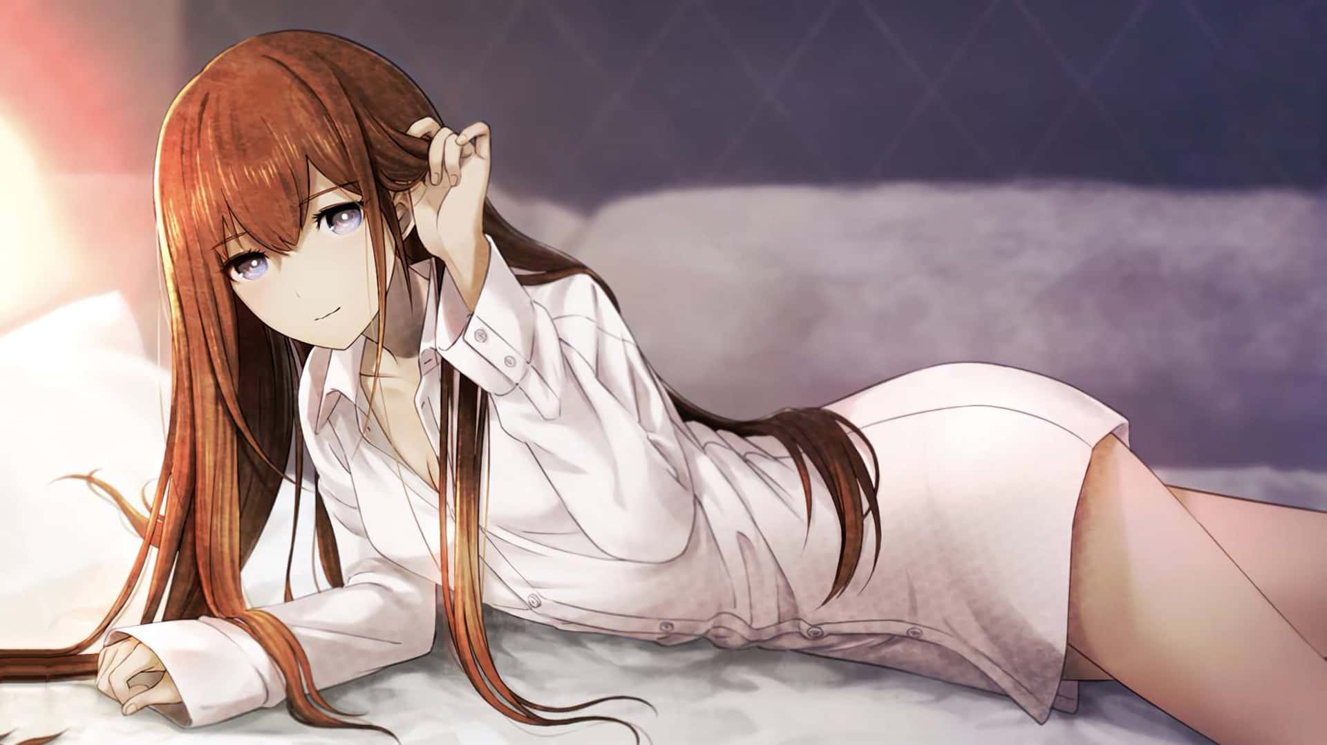 Kurisu Makise Deep In Thought In A Casual Setting Background