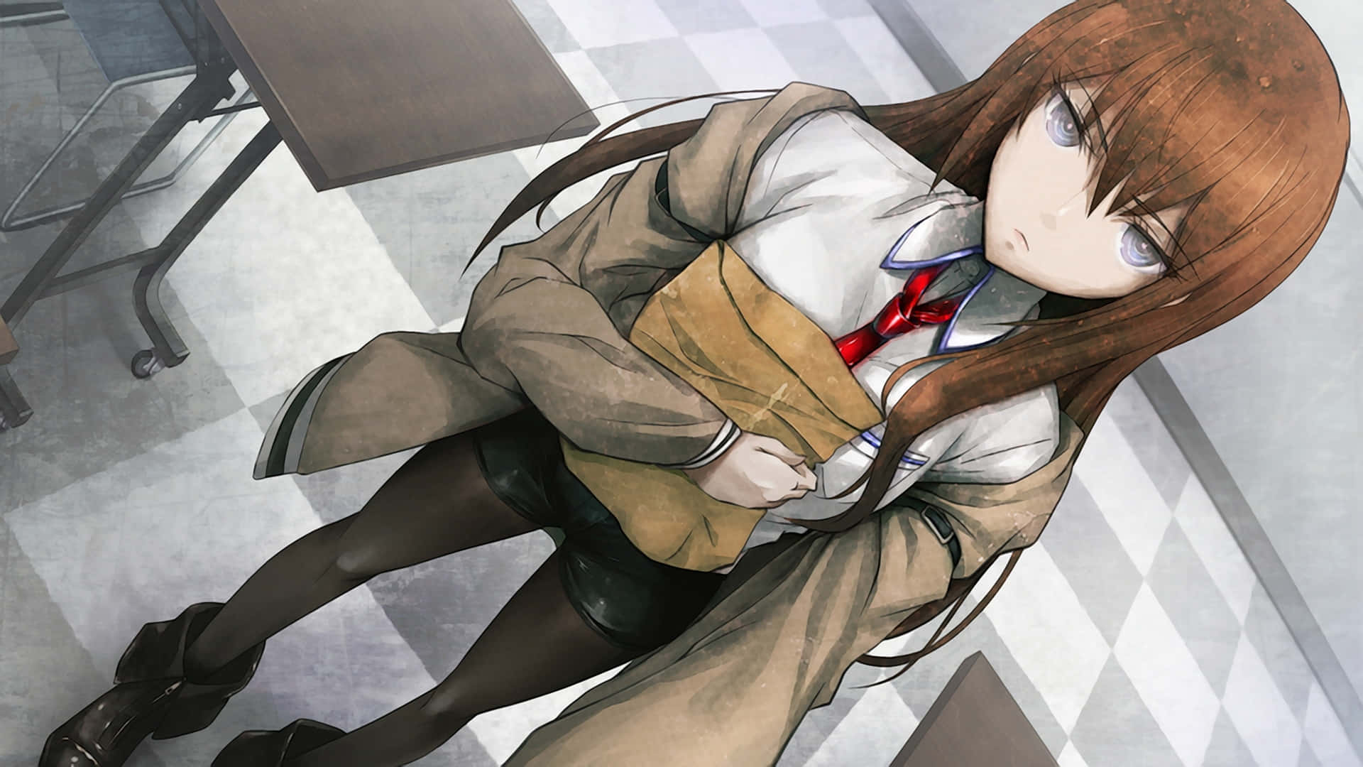 Kurisu Makise Standing Confidently With A Serious Expression On Her Face. Background