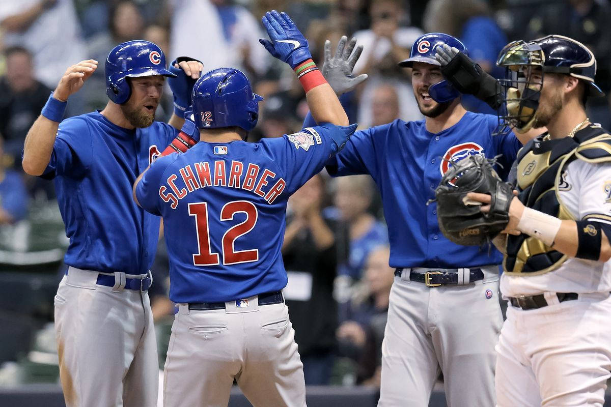 Kyle Schwarber Celebrating With Team Background