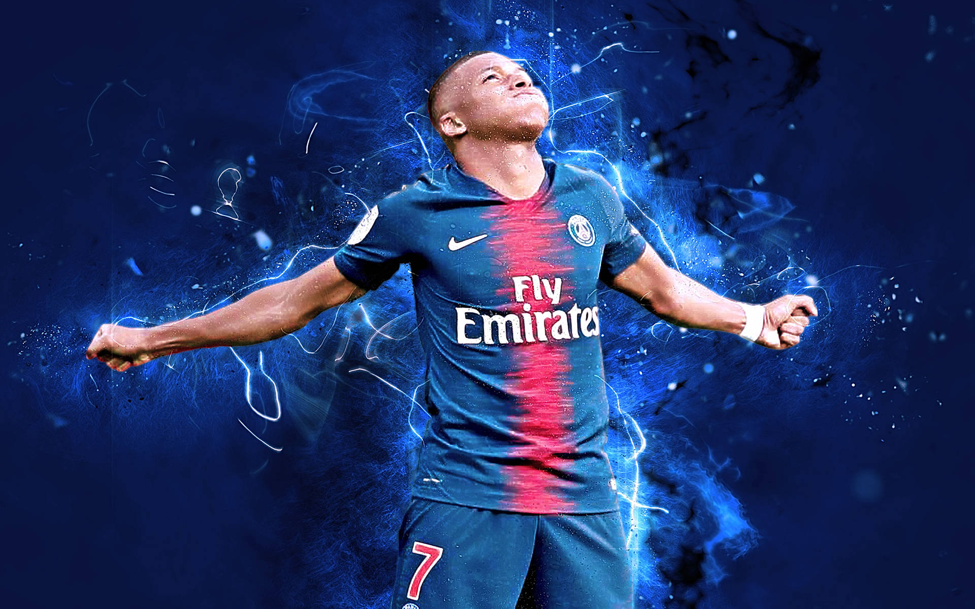 Kylian Mbappe Arms Wide In Blue Background