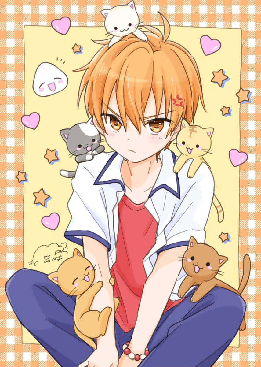 Kyo Sohma Sitting With Cats Fruits Basket Anime Background