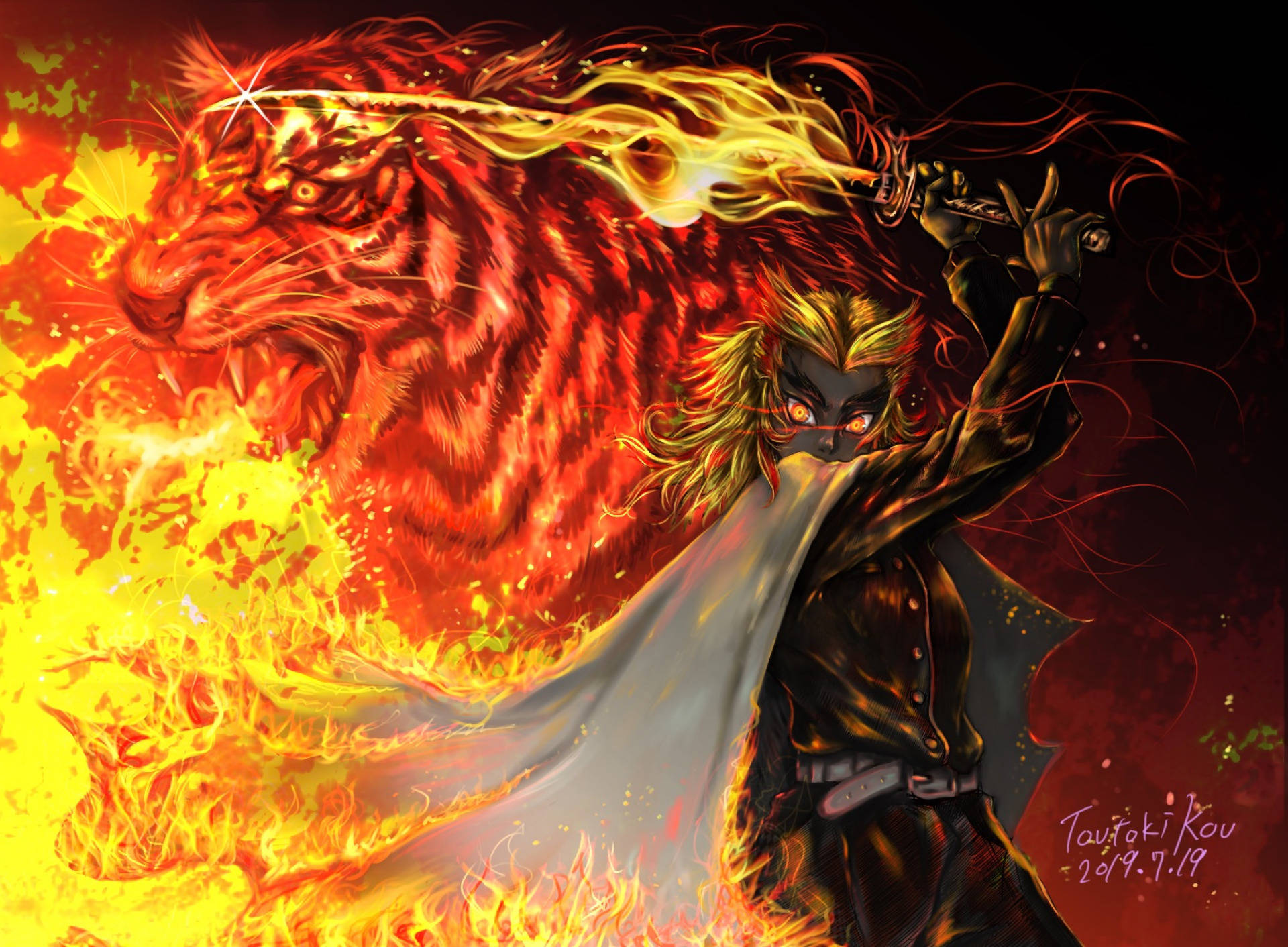Kyojuro Rengoku And Flame Tiger Background