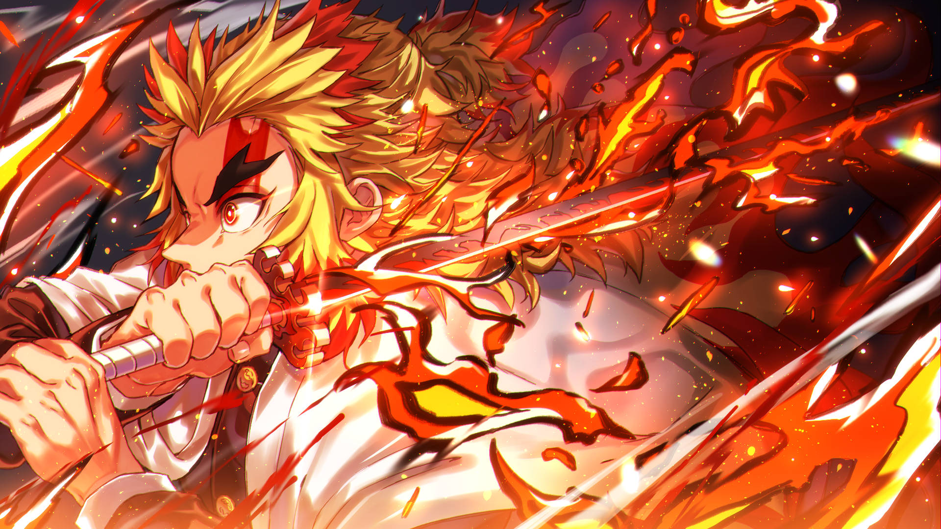 Kyojuro Rengoku With Fiery Sword Background