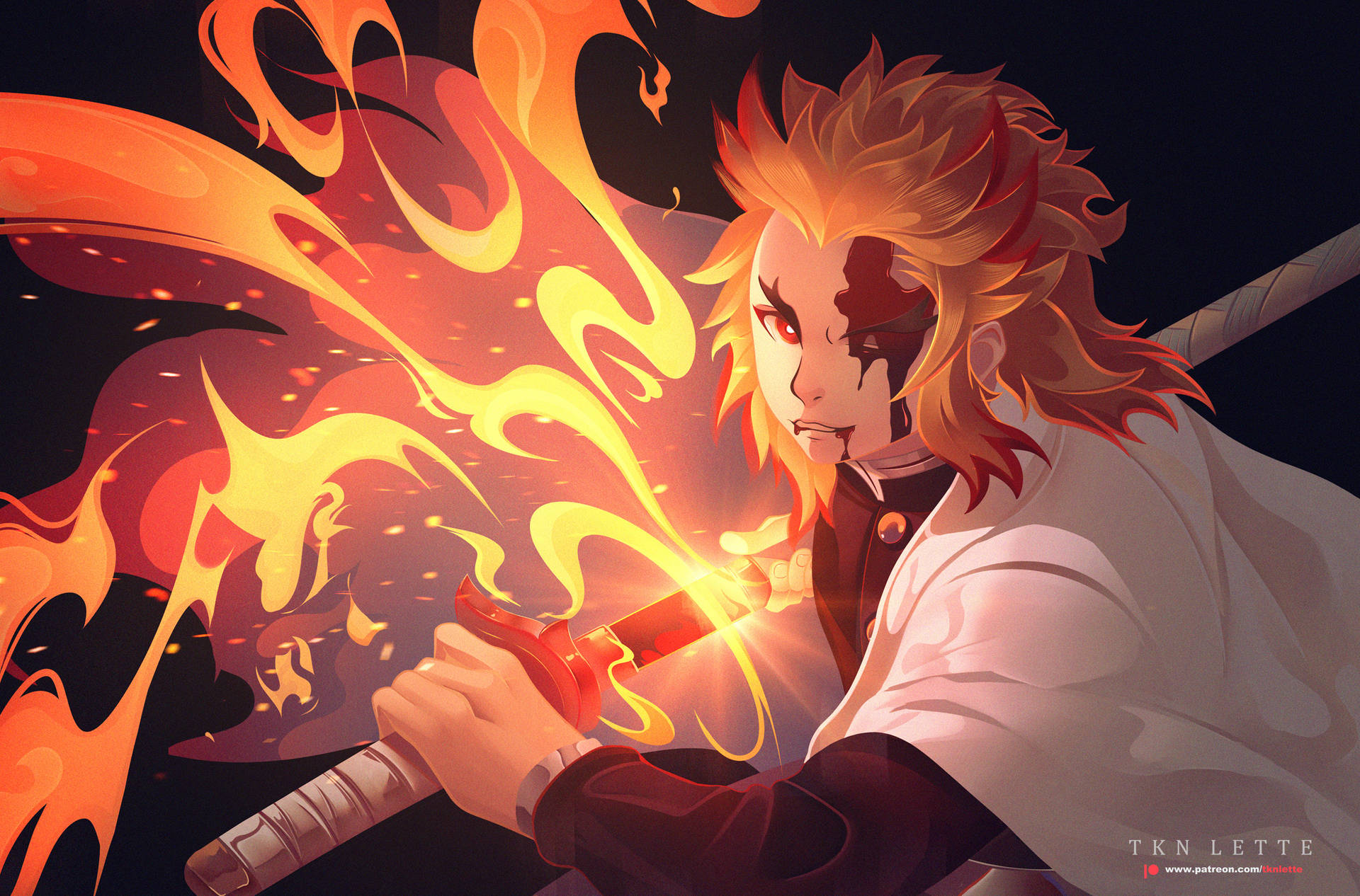 Kyojuro Rengoku With Flaming Sword Background