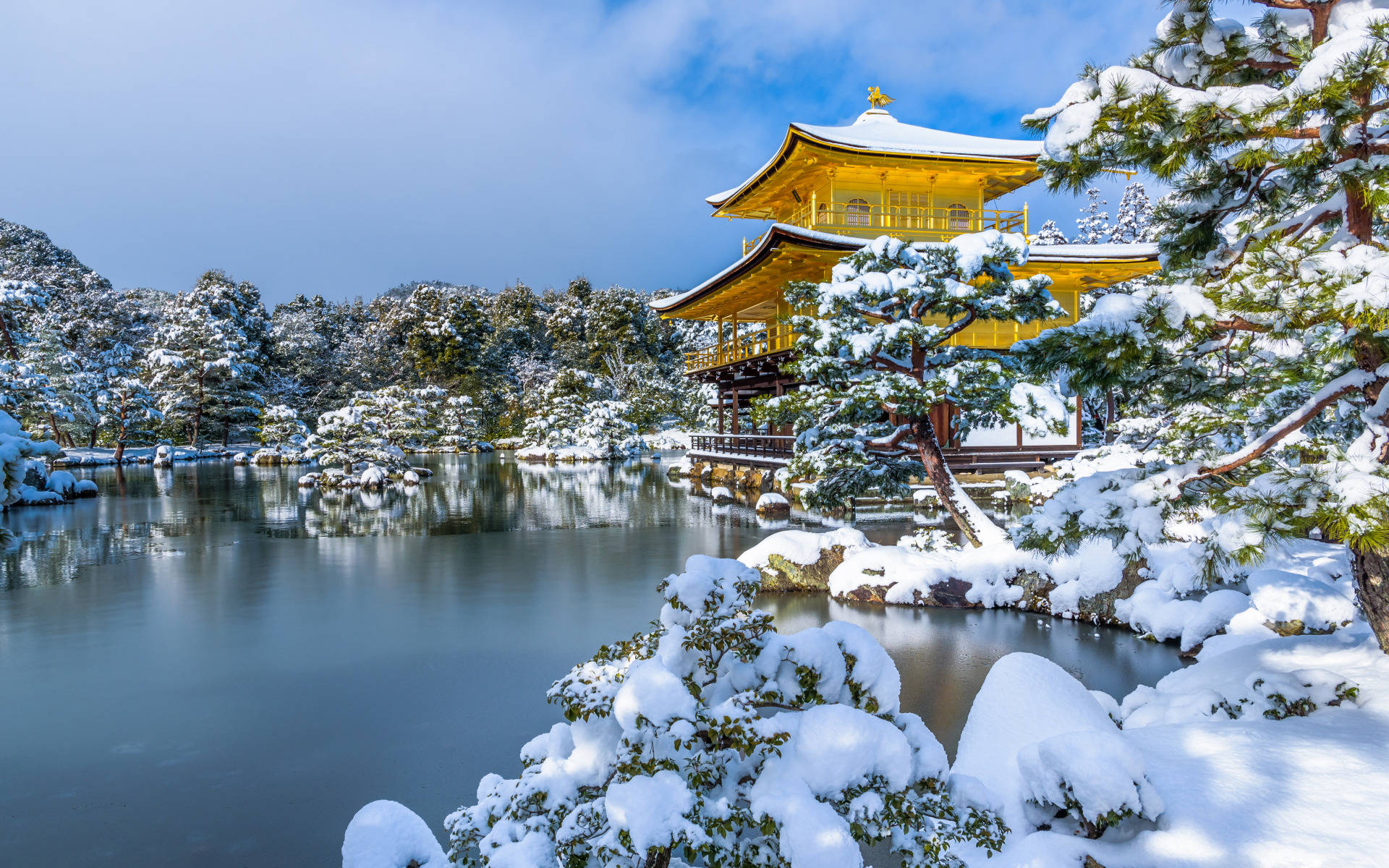 Kyoto Snow In Kinkaku-ji Background