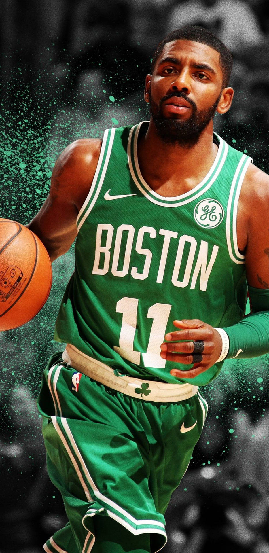 Kyrie Irving In Green With Ball Background