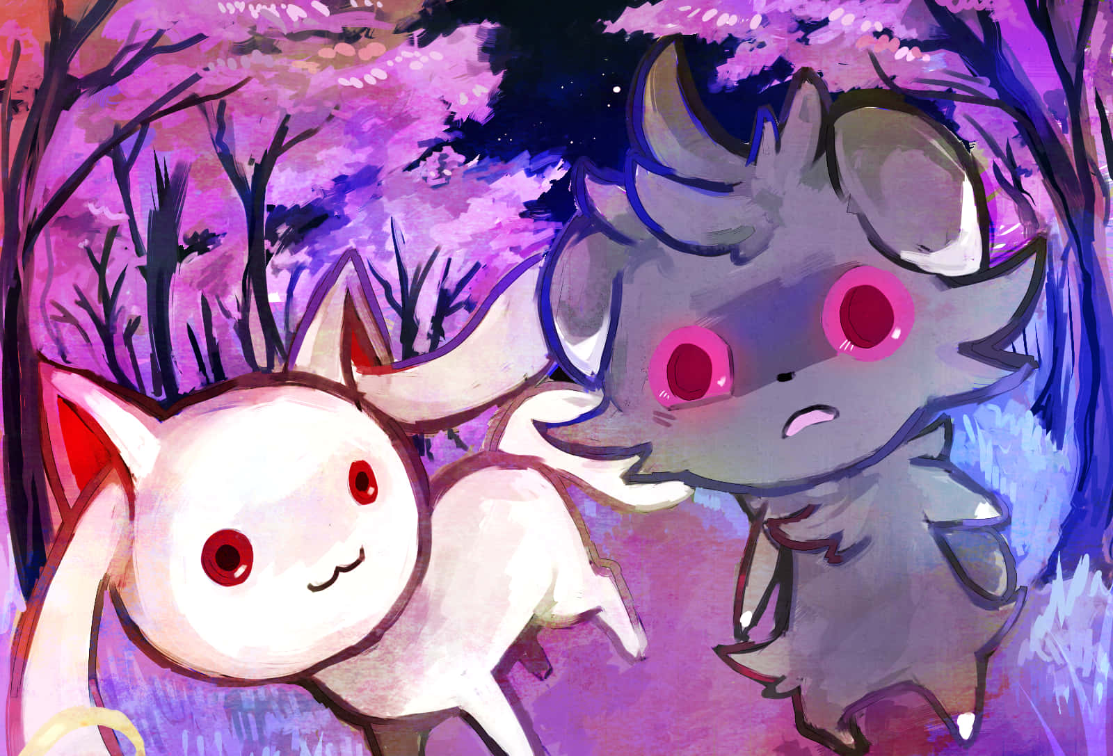 Kyubey And Espurr In A Park Background