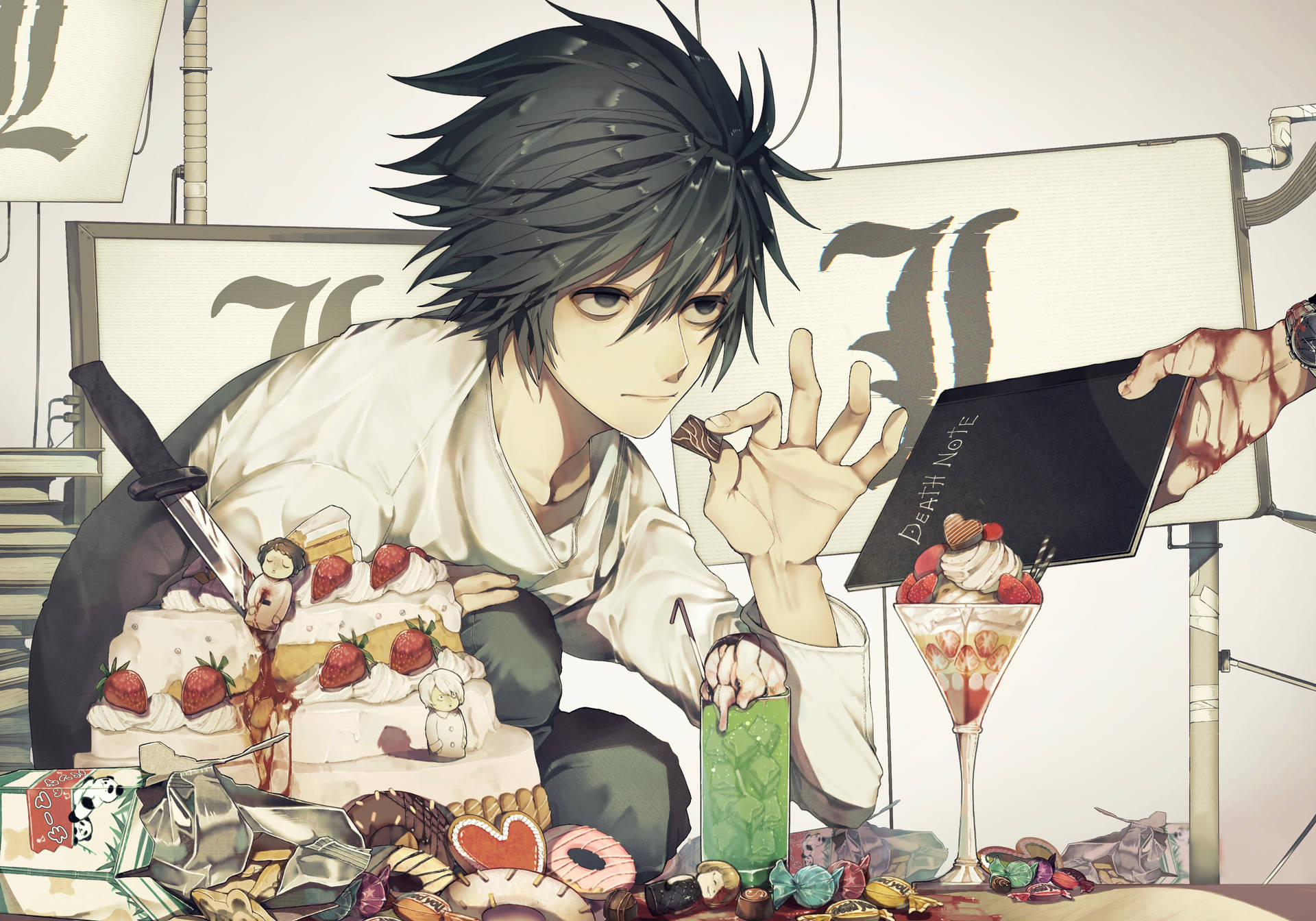 L Lawliet Eating Sweets Background