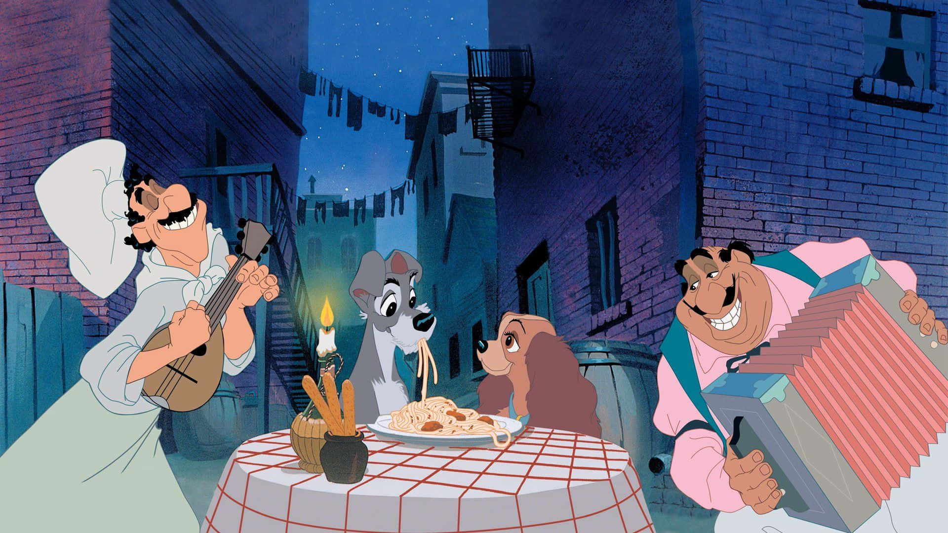 Lady And The Tramp's Iconic Spaghetti Scene Background