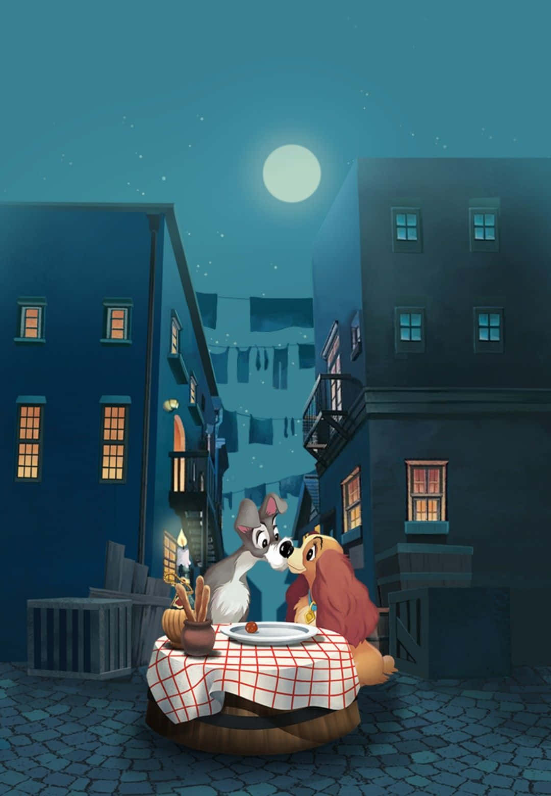 Lady And The Tramp Sharing A Romantic Moment Background