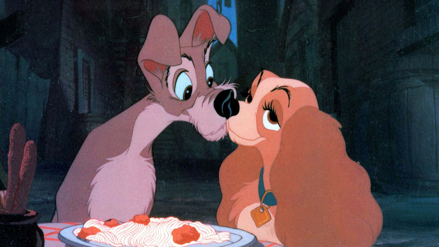 Lady And The Tramp Sharing A Romantic Spaghetti Dinner Background