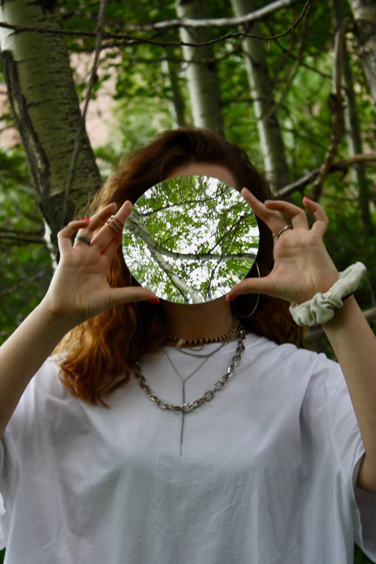 Lady In Forest Creative Mirror Shot Background