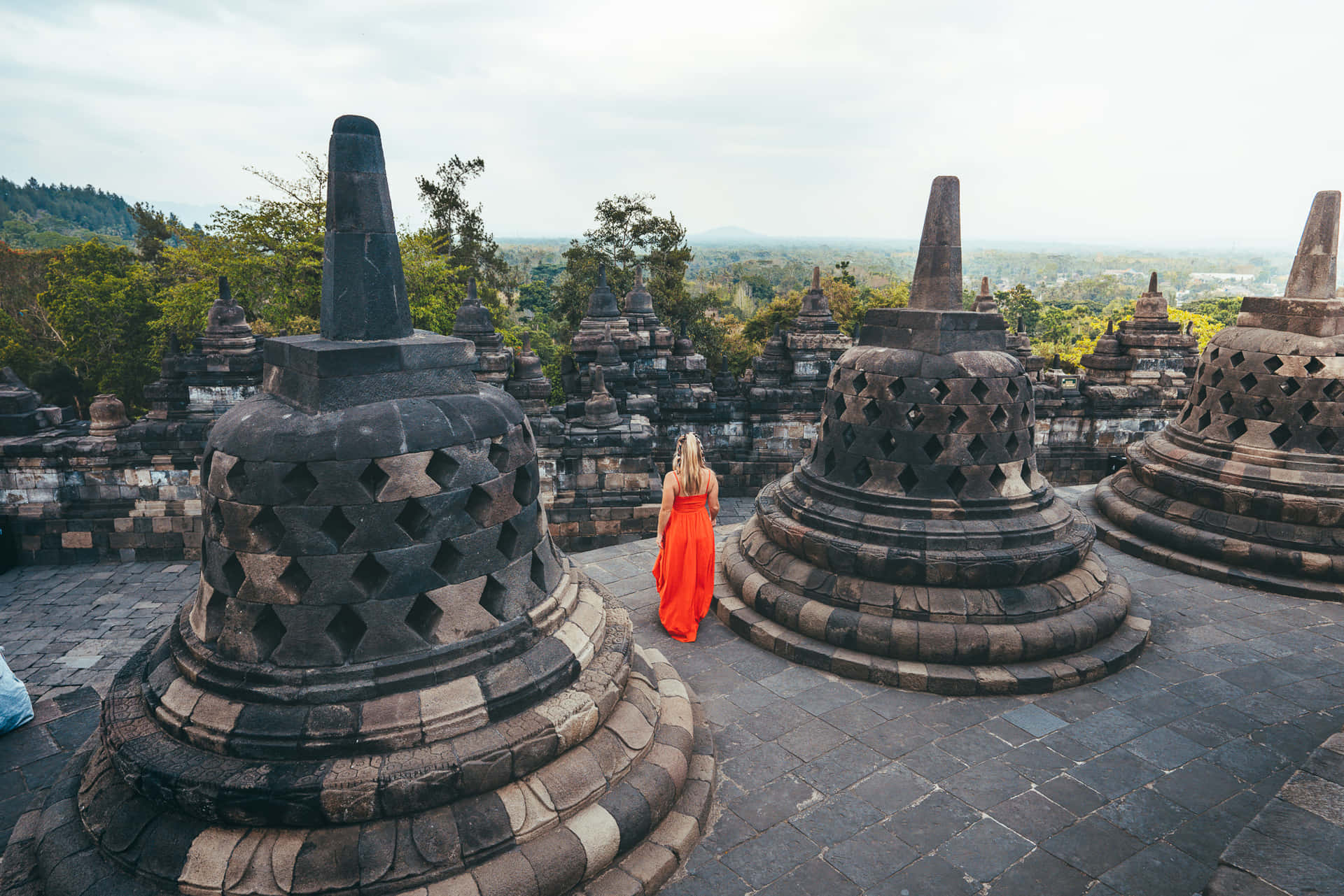 Lady In Open Work Stupas Borobudur Temple Background