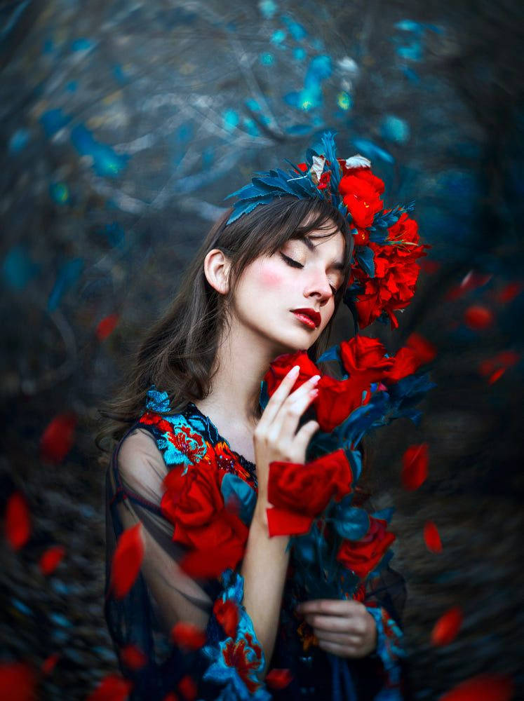 Lady In Red And Blue Floral Dress Background