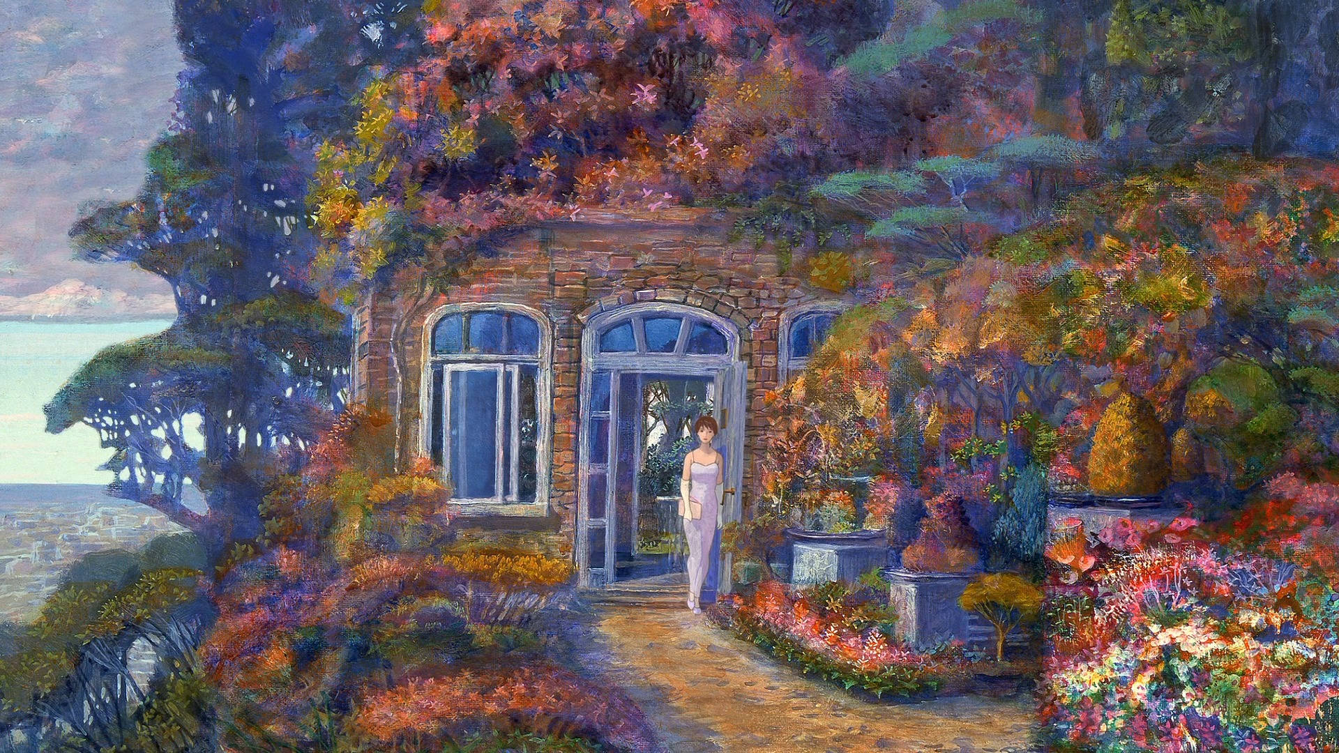 Lady Leaving House Painting Desktop