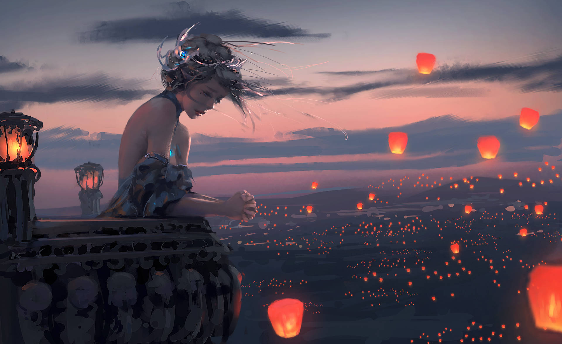Lady With Lanterns Digital Art Background