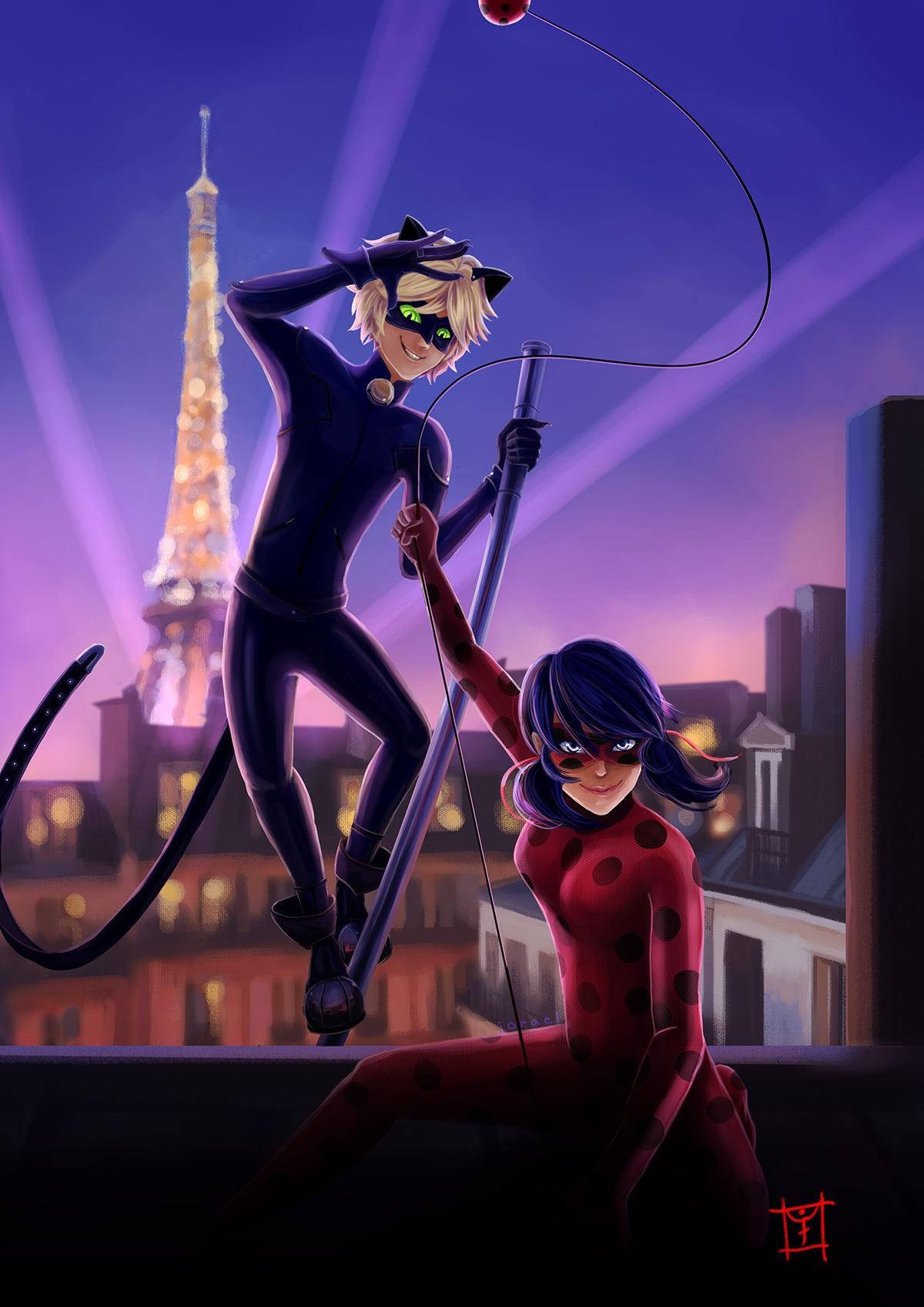 Ladybug And Cat Noir Action Poses In Paris Background