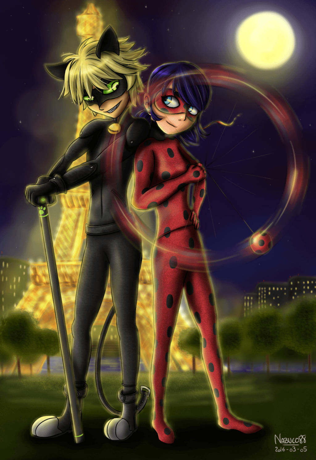 Ladybug And Cat Noir Eiffel Tower At Night Background