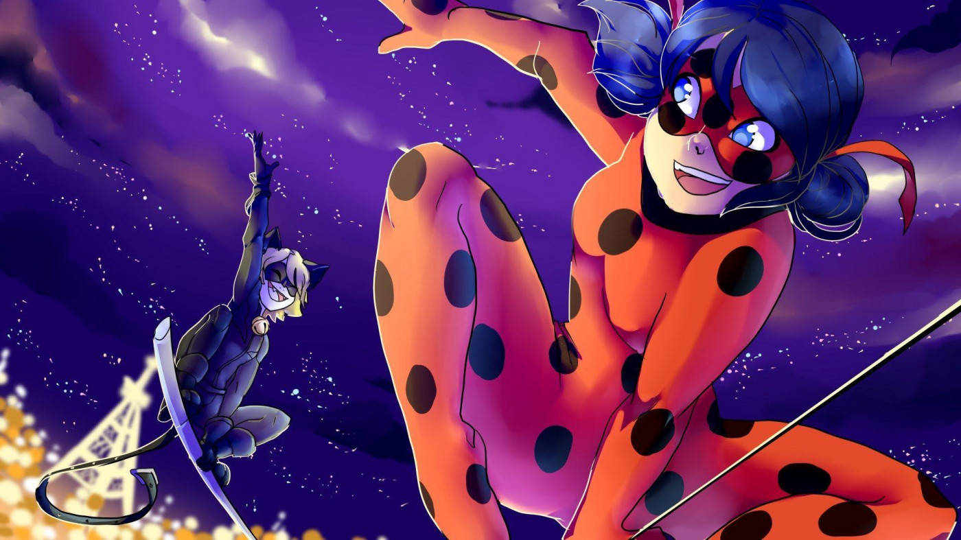 Ladybug And Cat Noir In Paris At Night Background