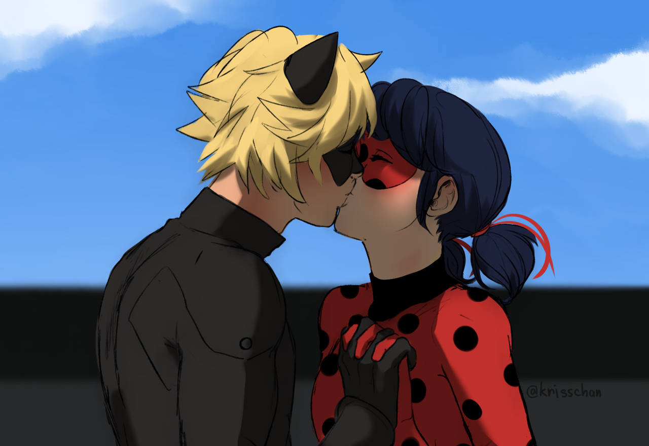 Ladybug And Cat Noir Kiss Blue Sky Background