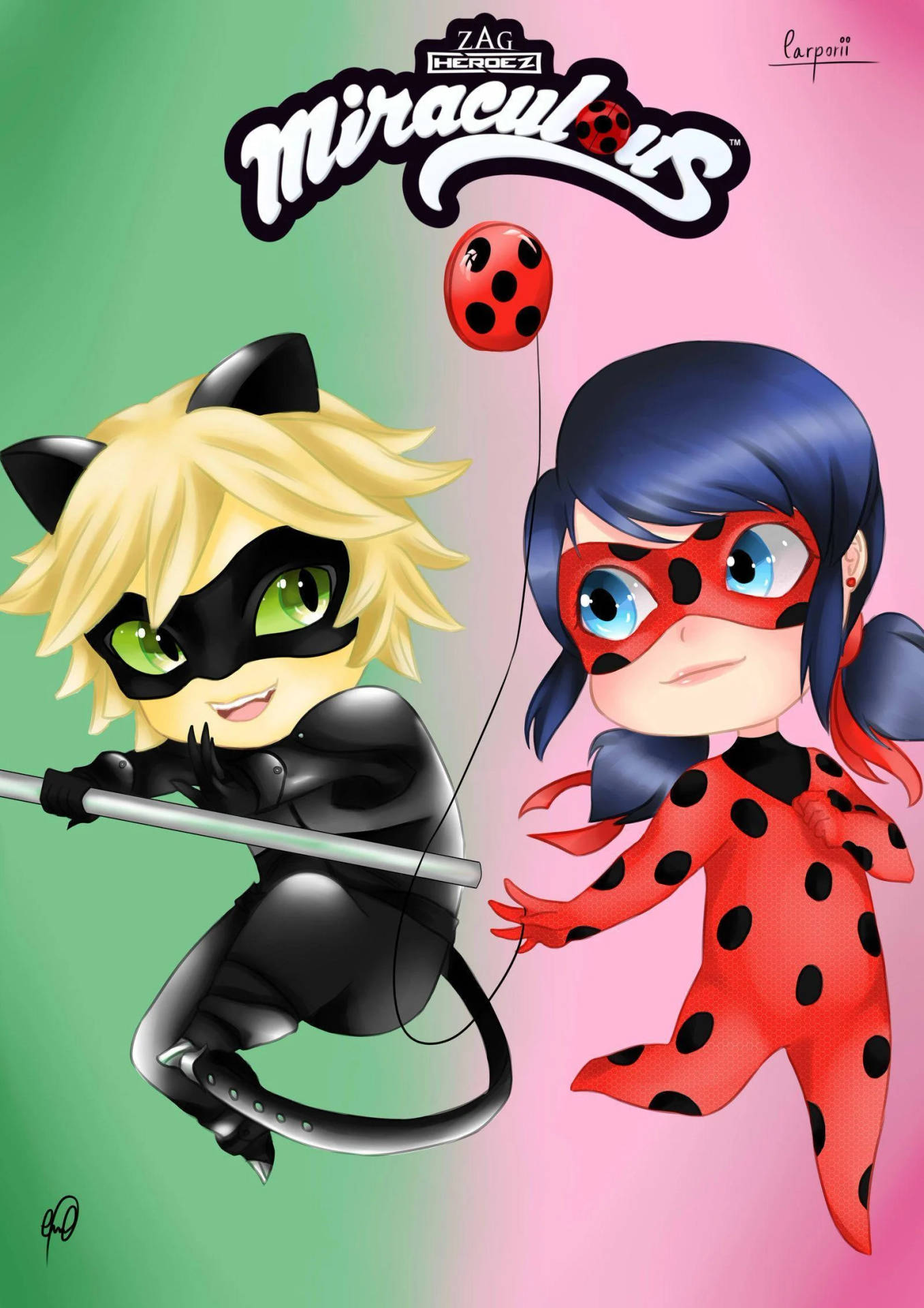 Ladybug And Cat Noir Kiss Chibi Style Background