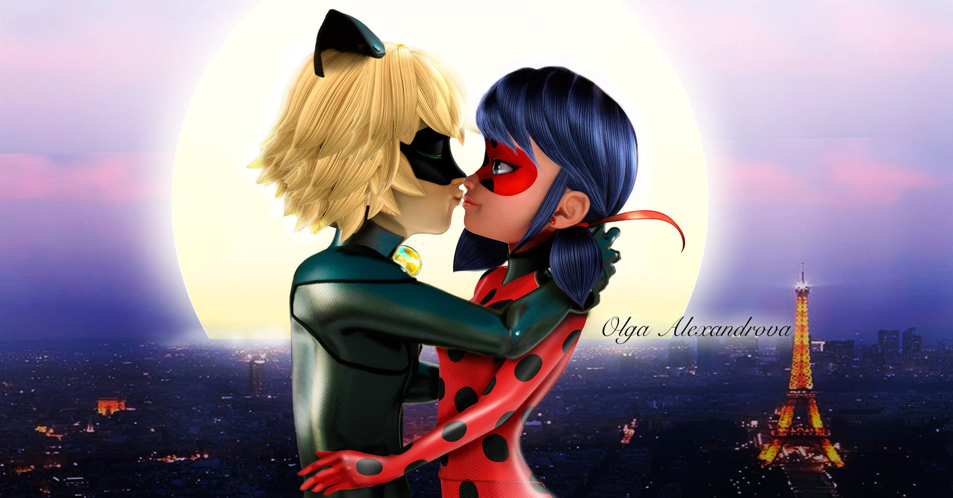 Ladybug And Cat Noir Kiss Full Moon