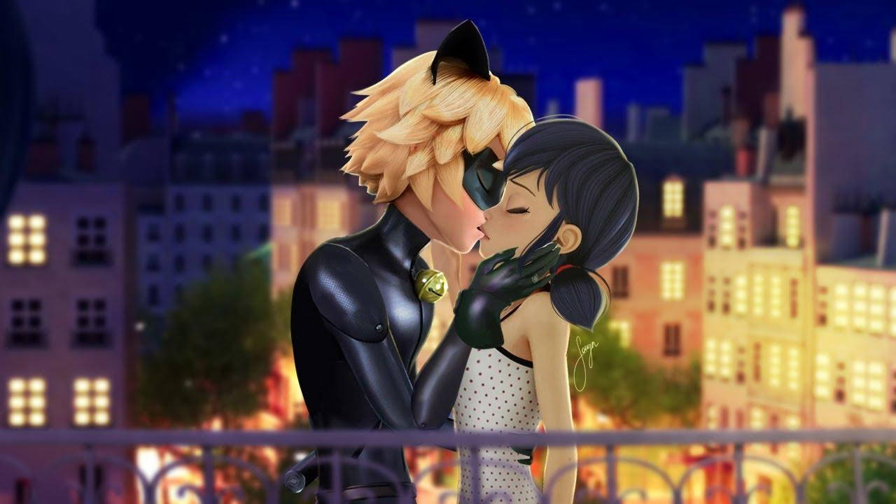 Ladybug And Cat Noir Kiss In Balcony Background
