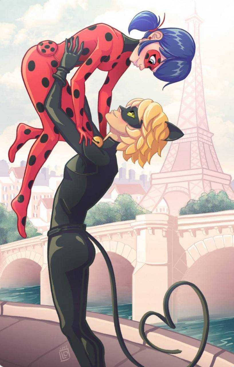 Ladybug And Cat Noir Kiss In Paris Background