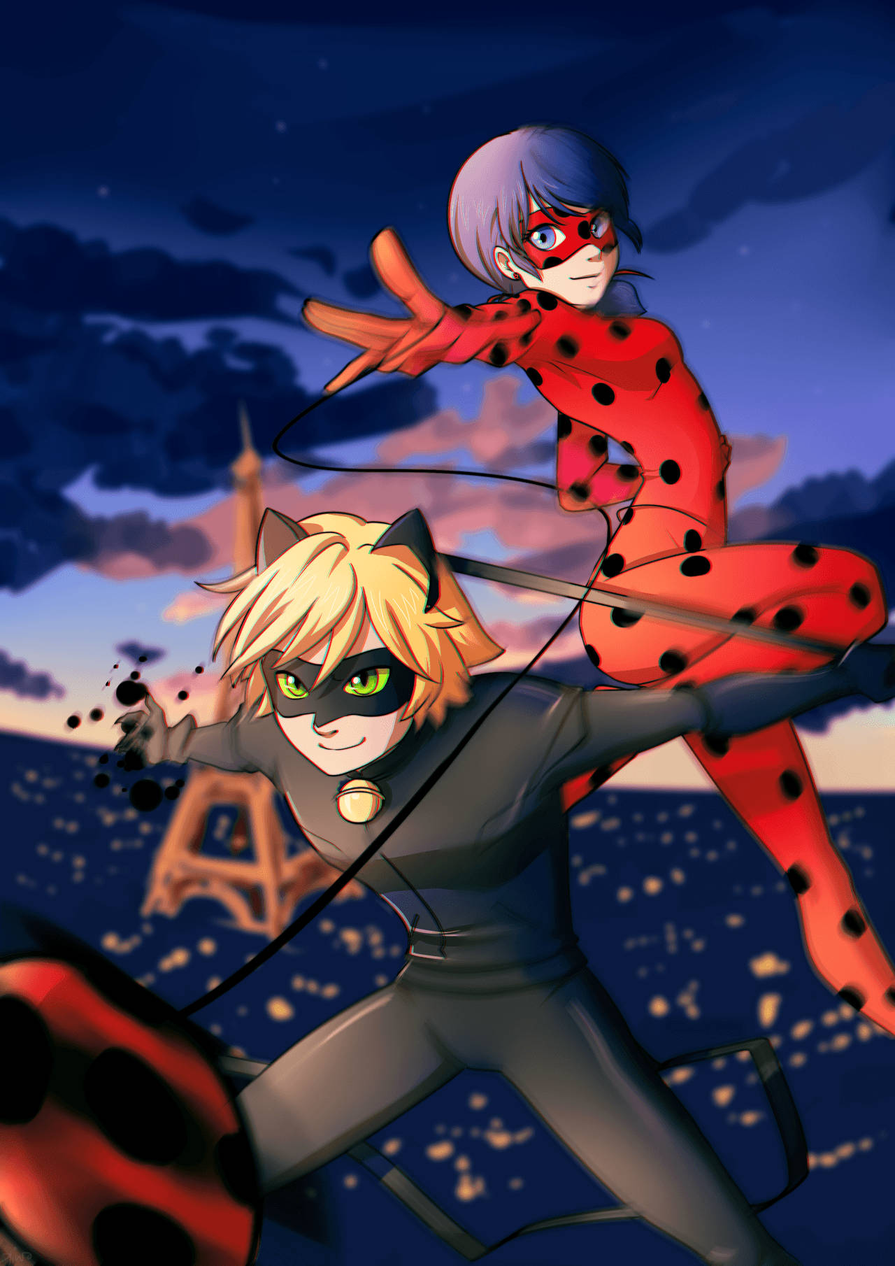 Ladybug And Cat Noir Show Off In Paris Background