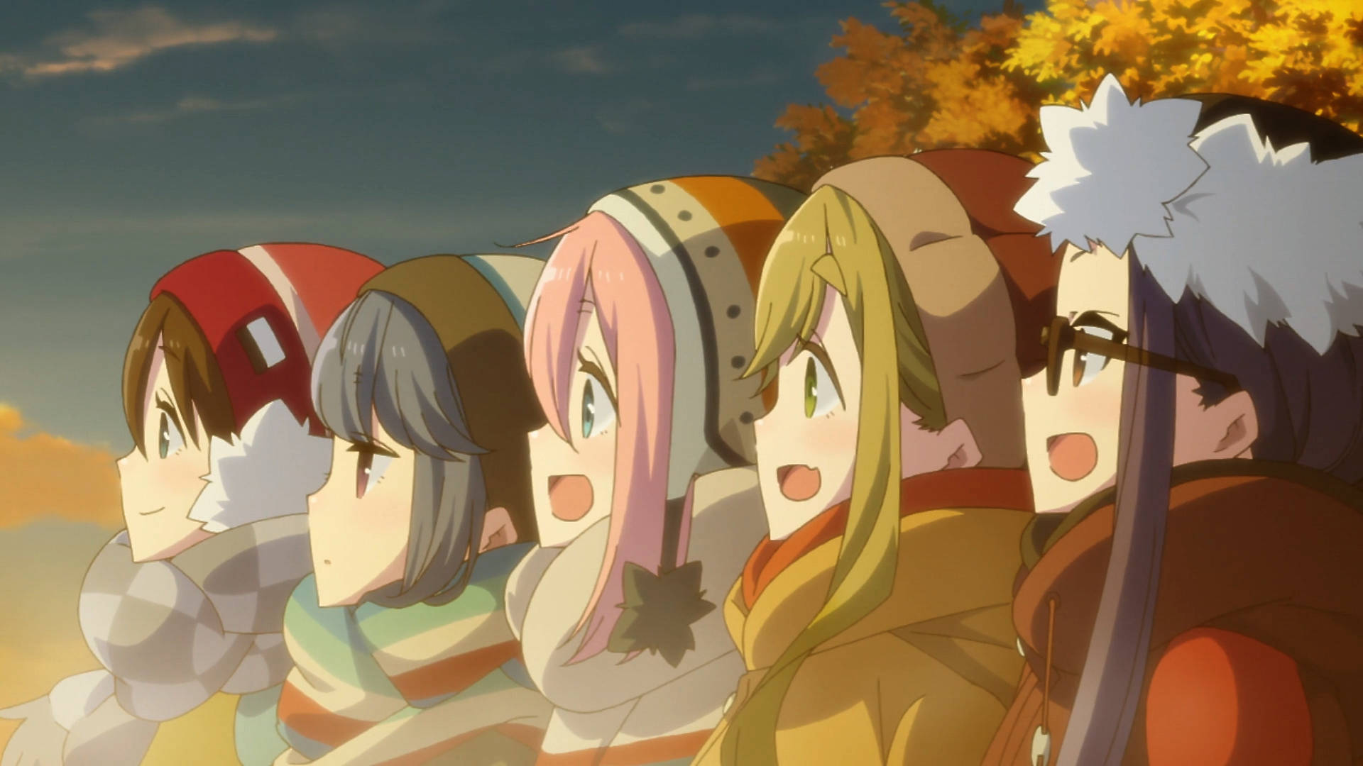 Laid Back Camp Cast Watching Sunset Background
