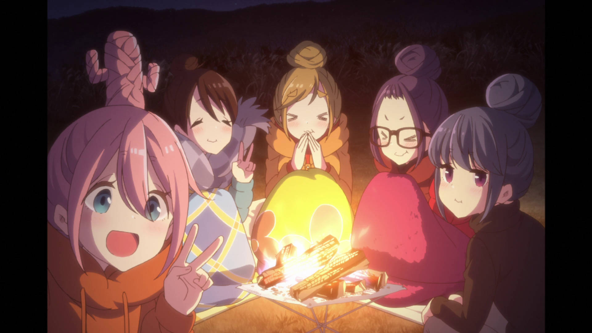 Laid Back Camp Characters Bonfire Photo Background