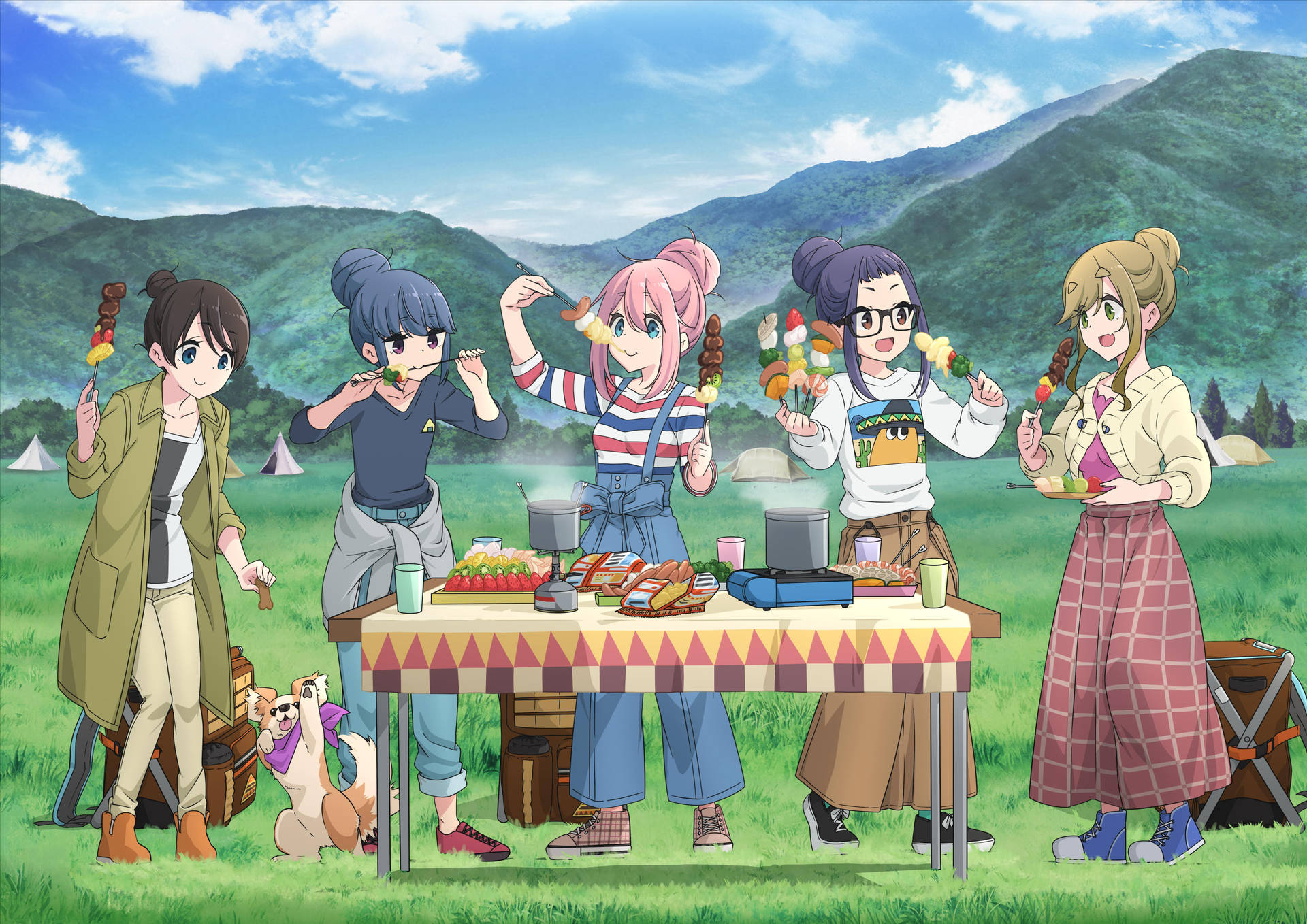 Laid Back Camp Characters Camp Party Background