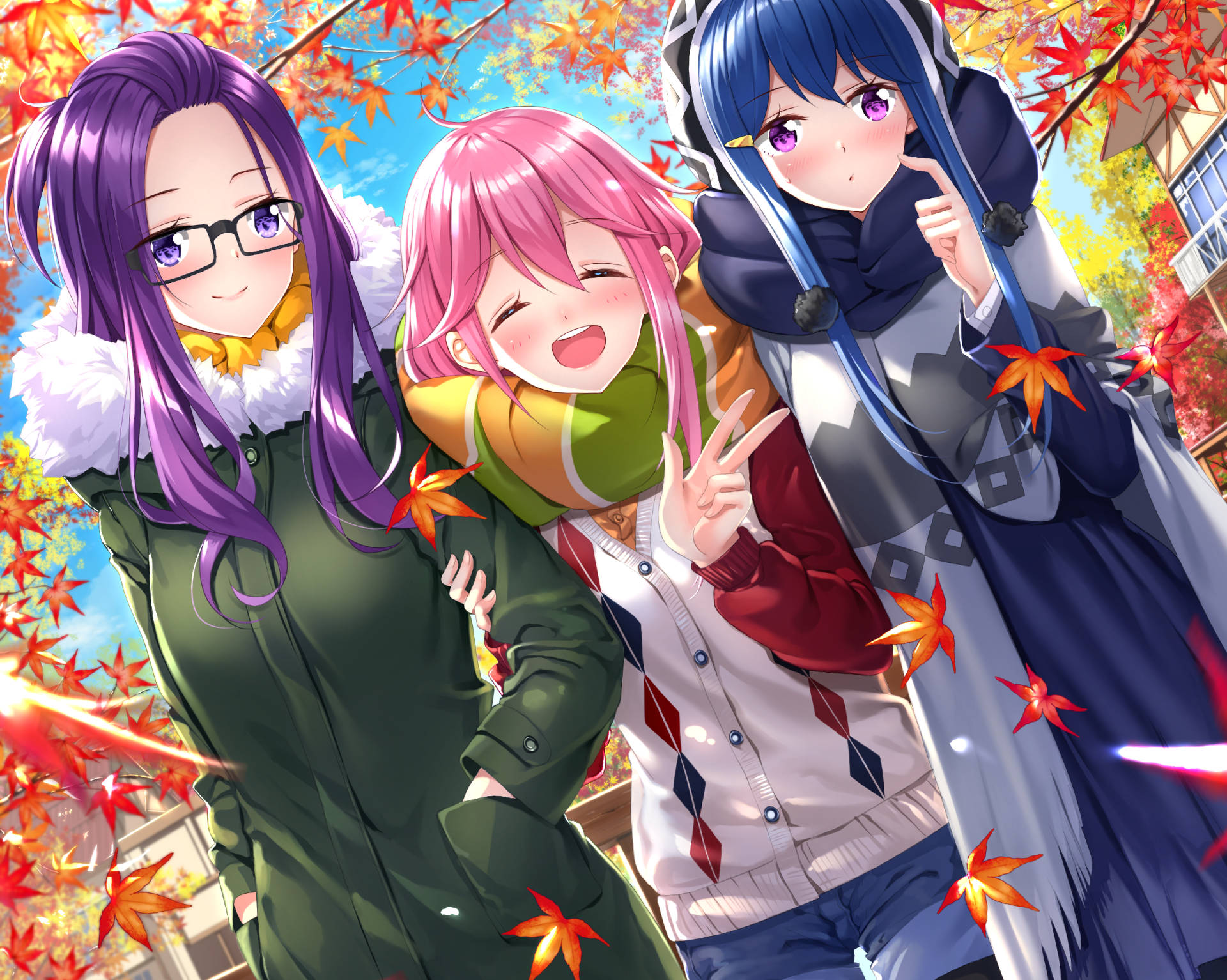 Laid Back Camp Characters In Autumn Background