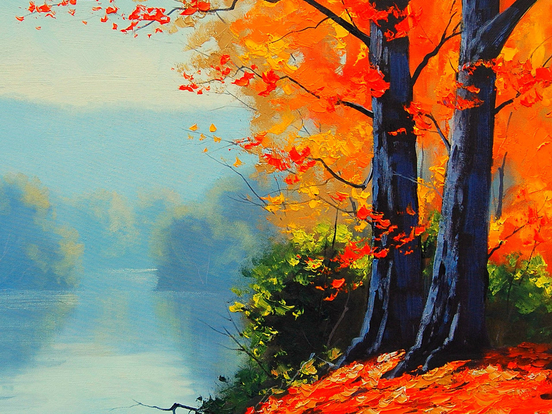 Lake And Autumn Trees Paint Art Background