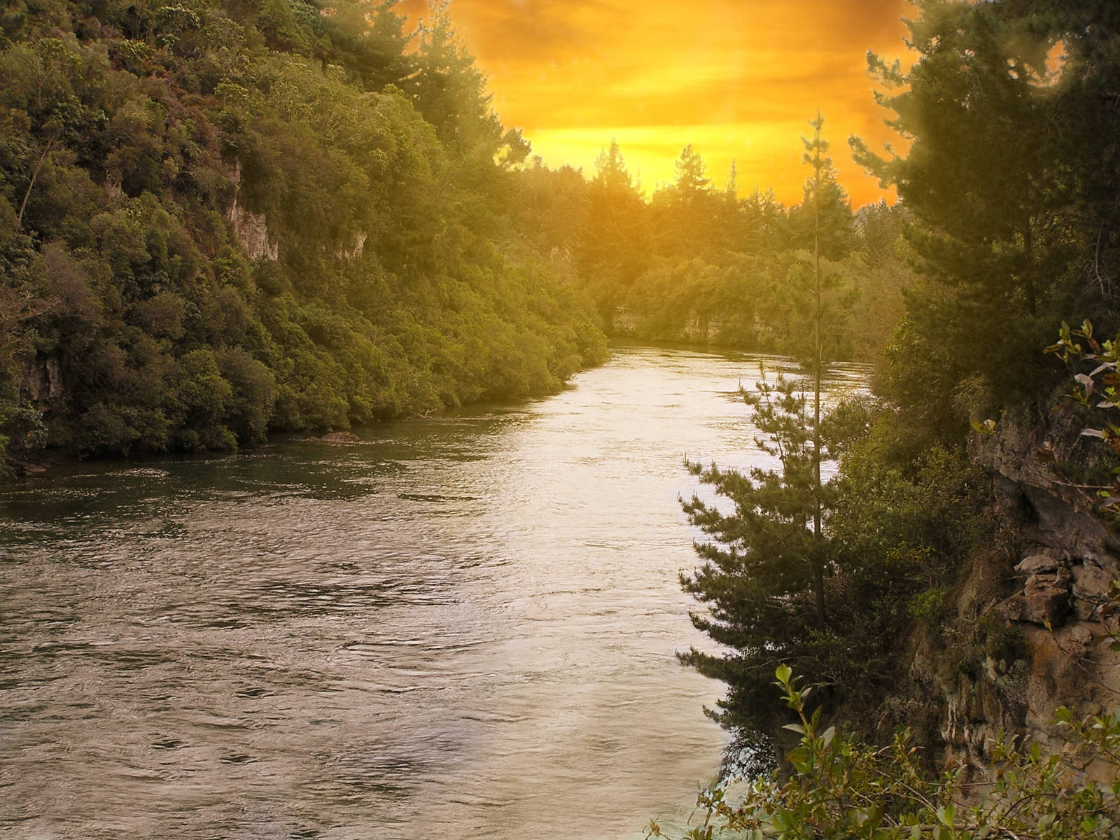 Lake And Forest Sunset Desktop Background