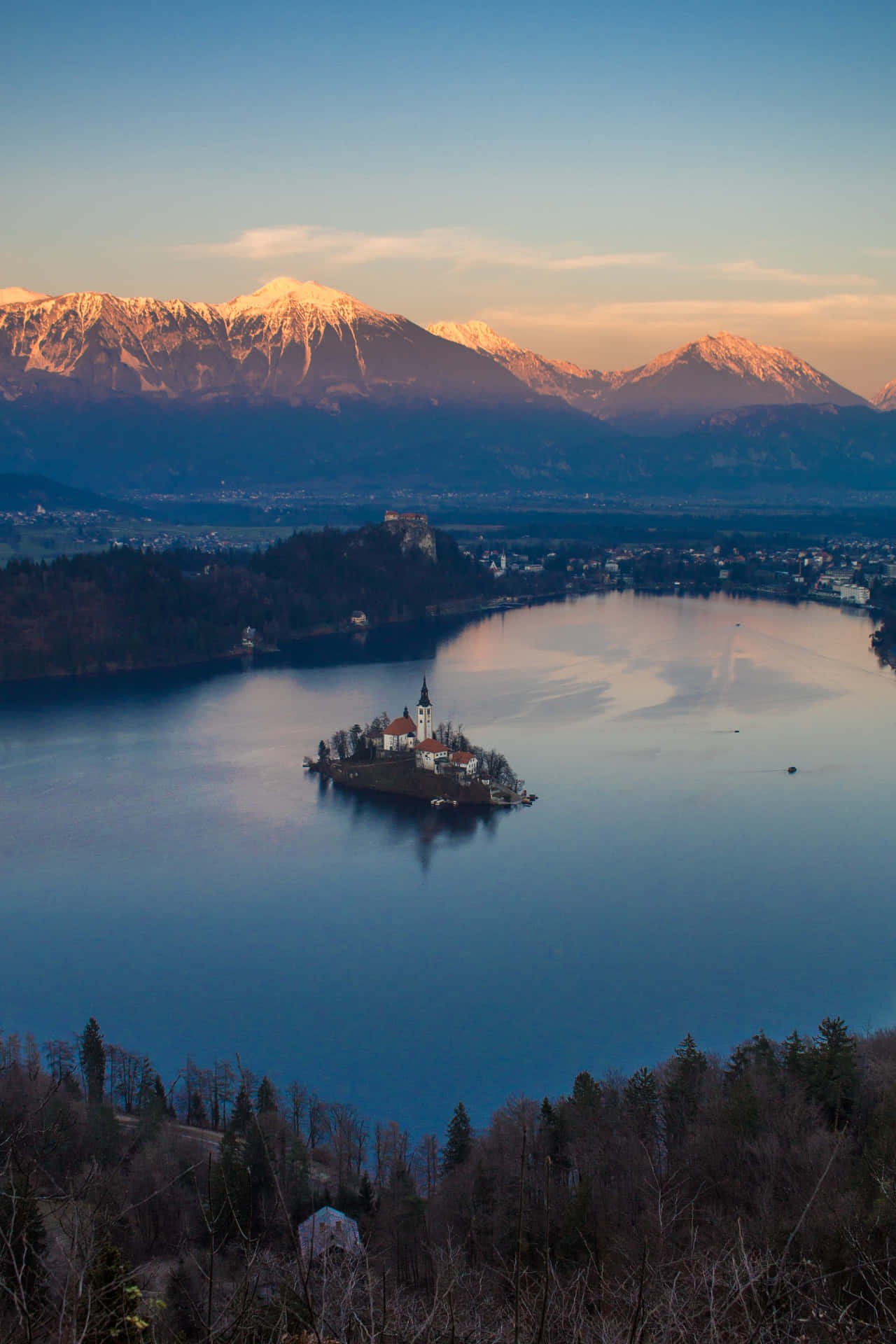 Lake Bled Island Mountains Sunset Background