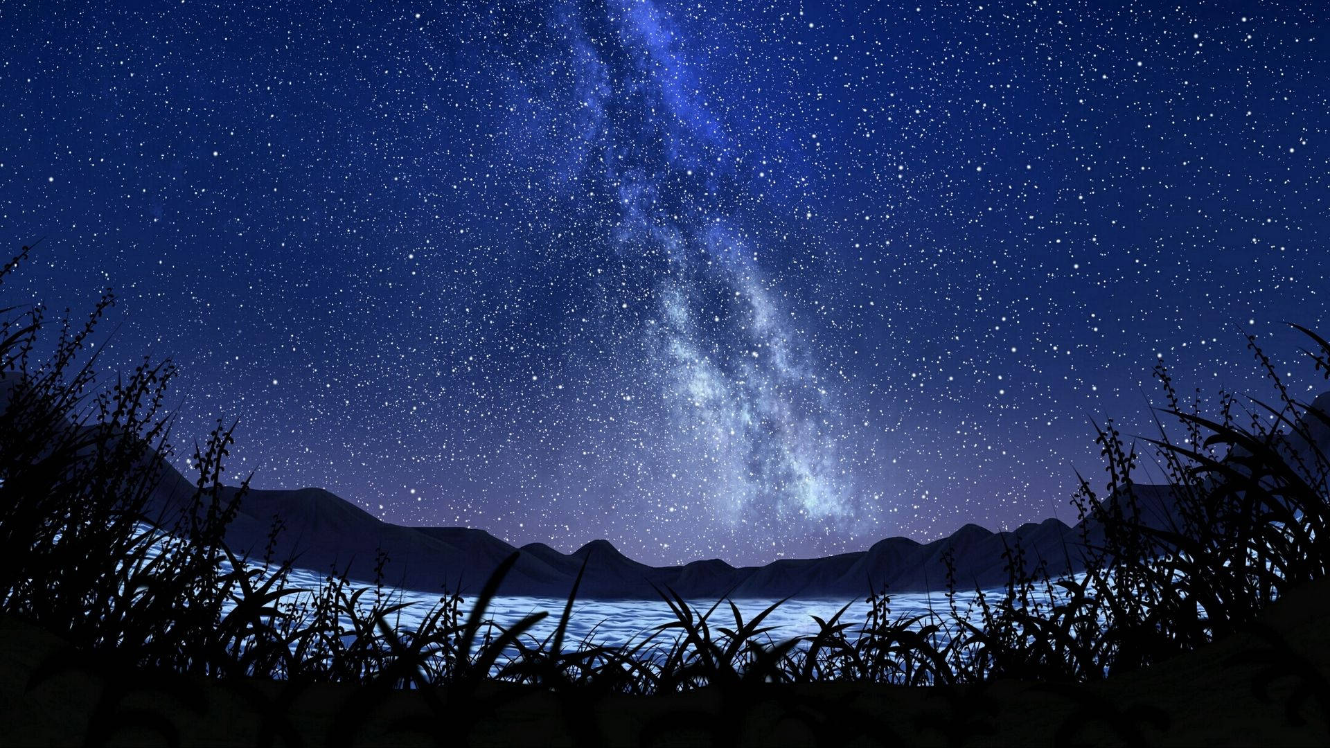 Lake Grass Anime Night Sky Background