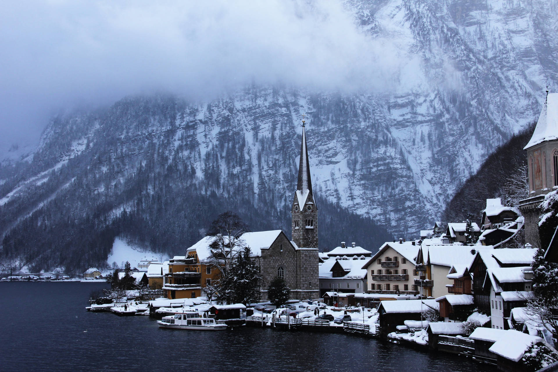 Lake Hallstatt Austria In Winter Background