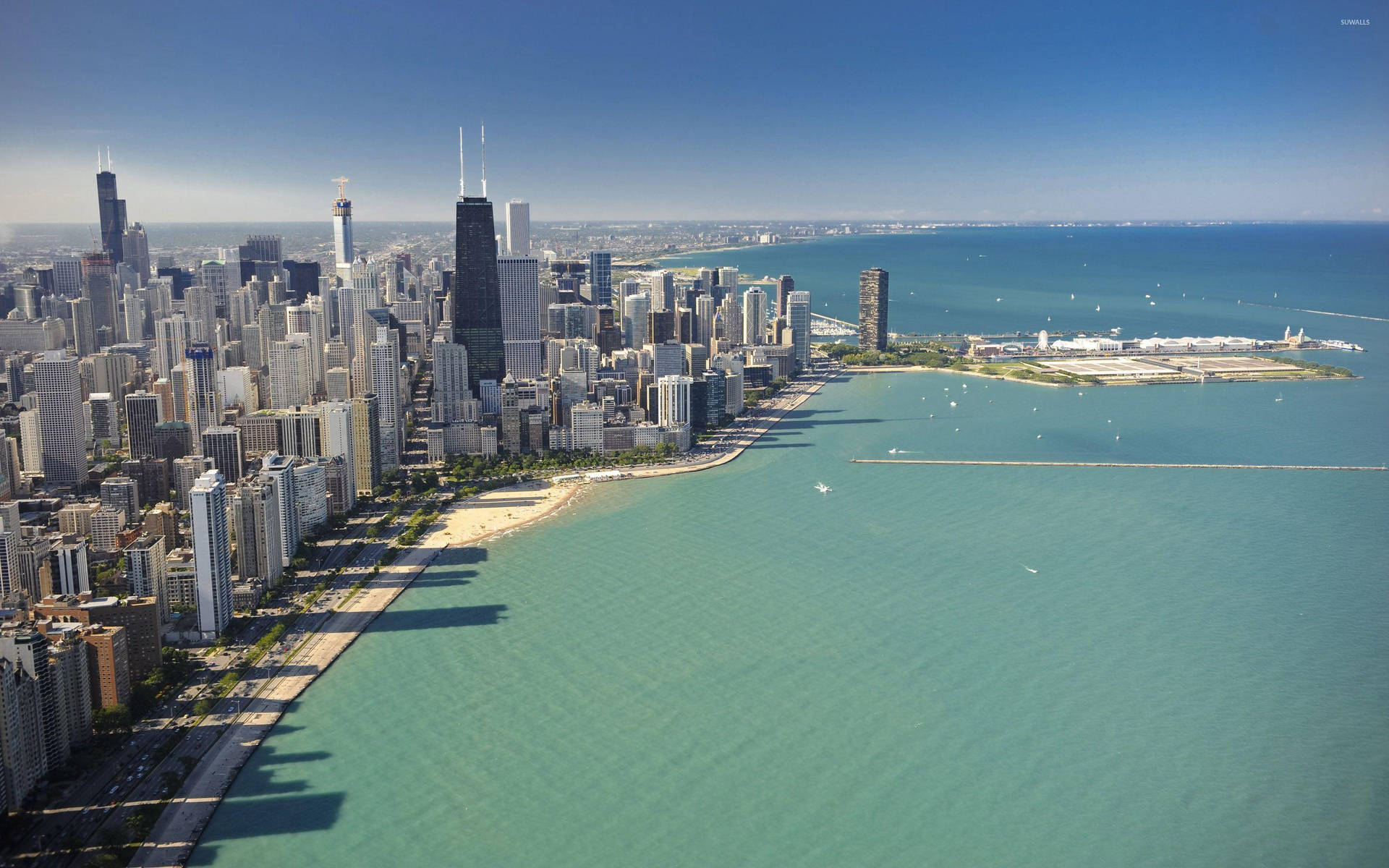 Lake Michigan And Chicago Skyline Aerial Drone View Background