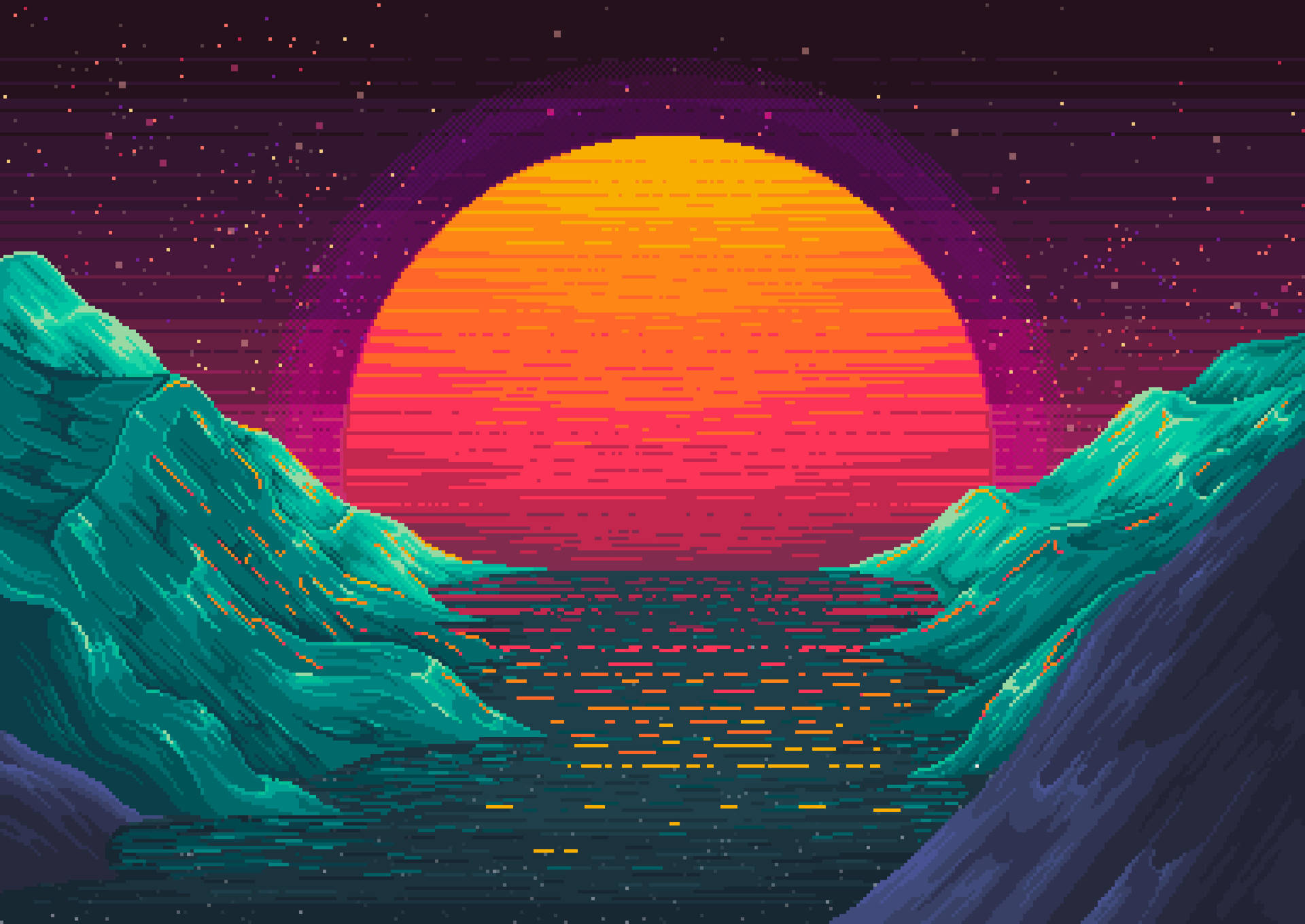 Lake Sunset In Aesthetic Pixel Art