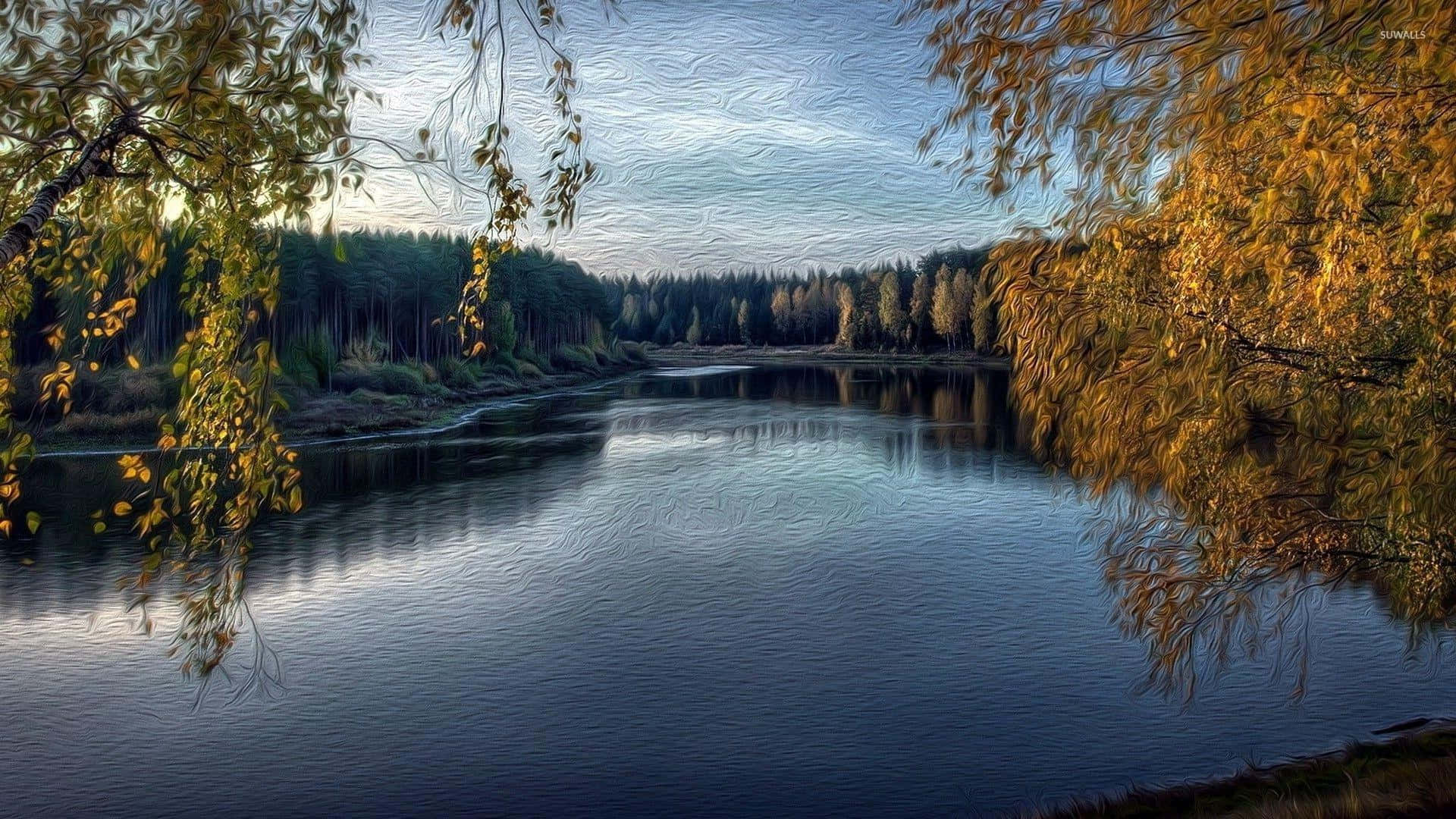 Lake View Obscured By Thick Leaves Background