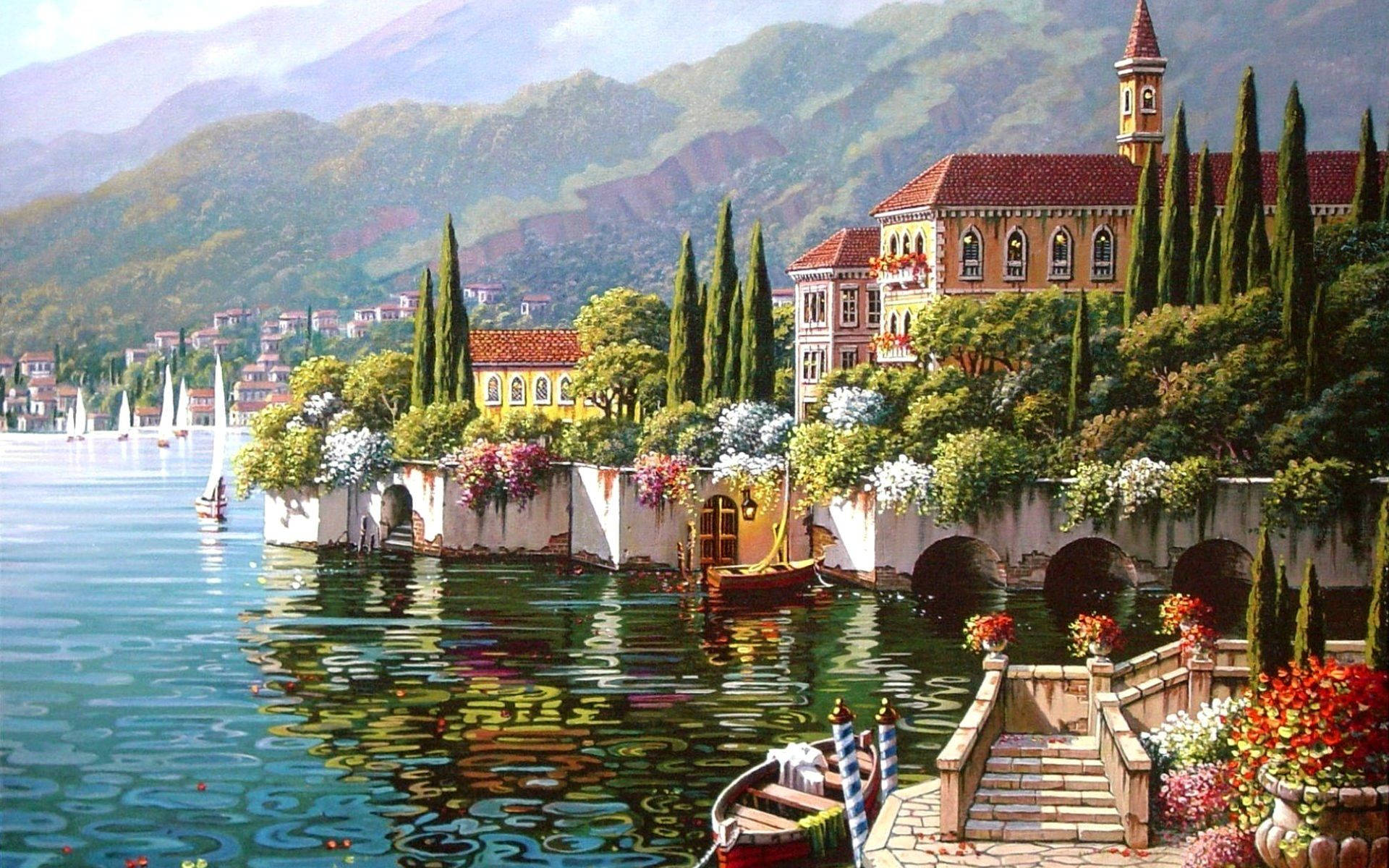 Lake View Painting With Mansion Background