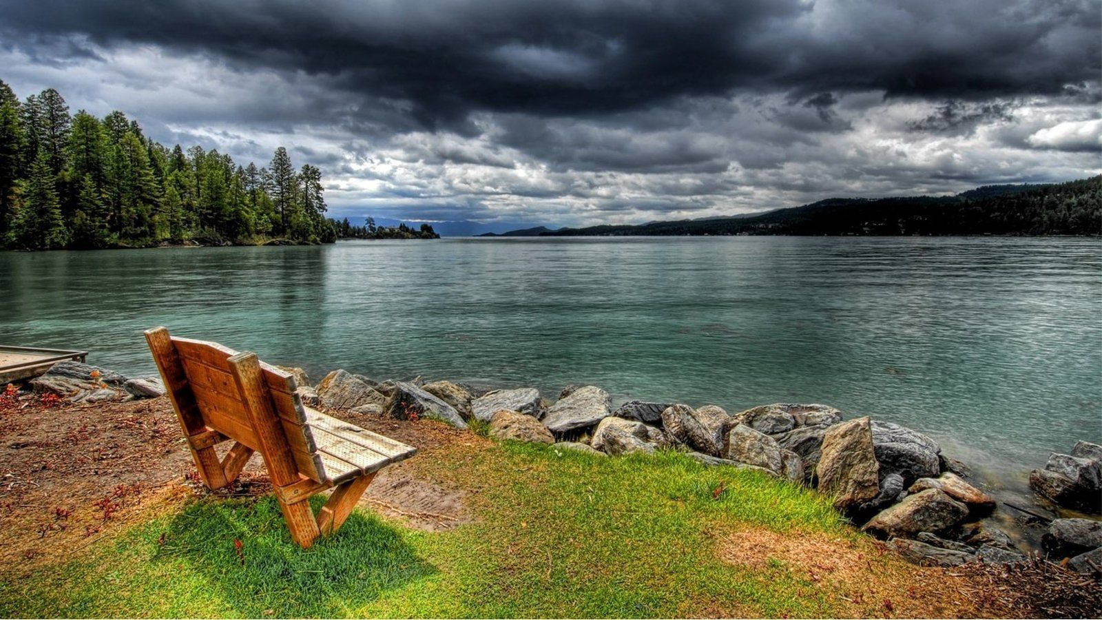 Lake View With Wooden Bench Background
