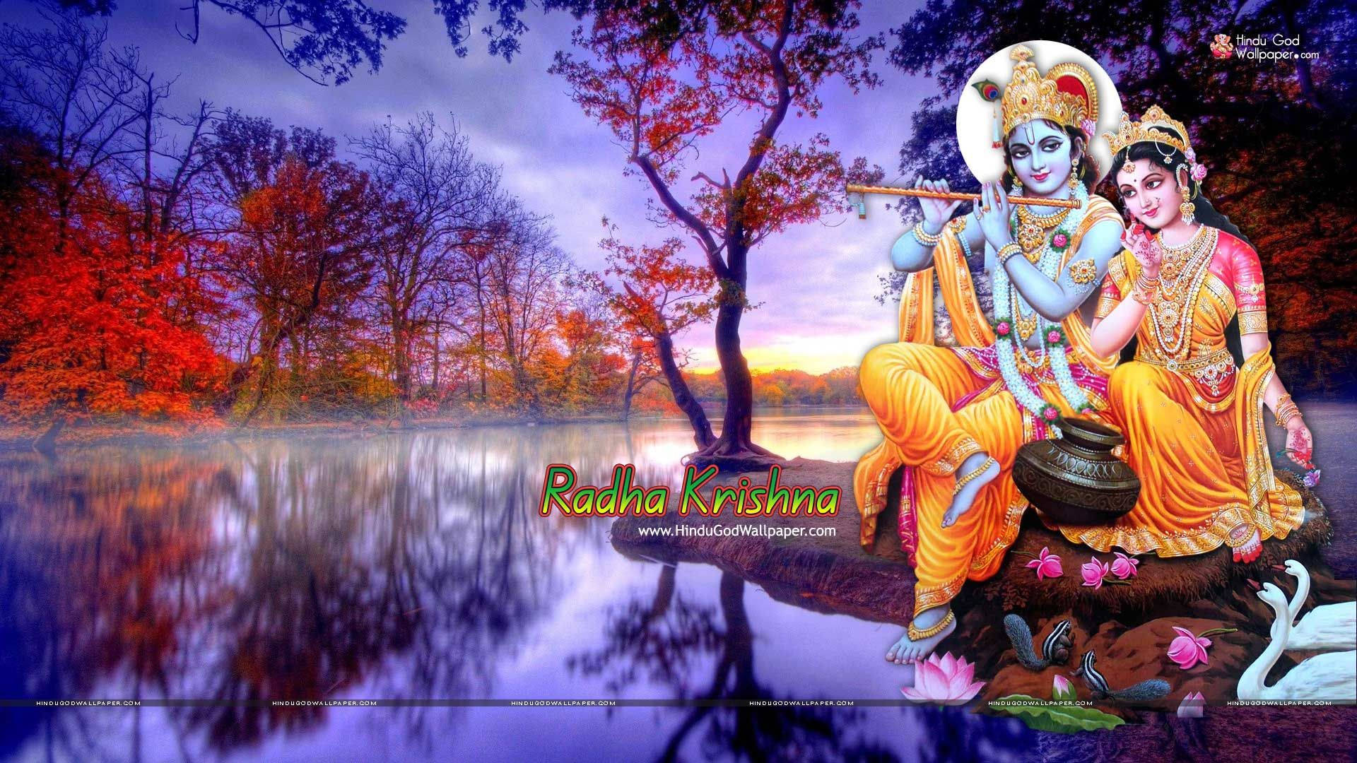 Lake With Radha And Krishna Desktop Background