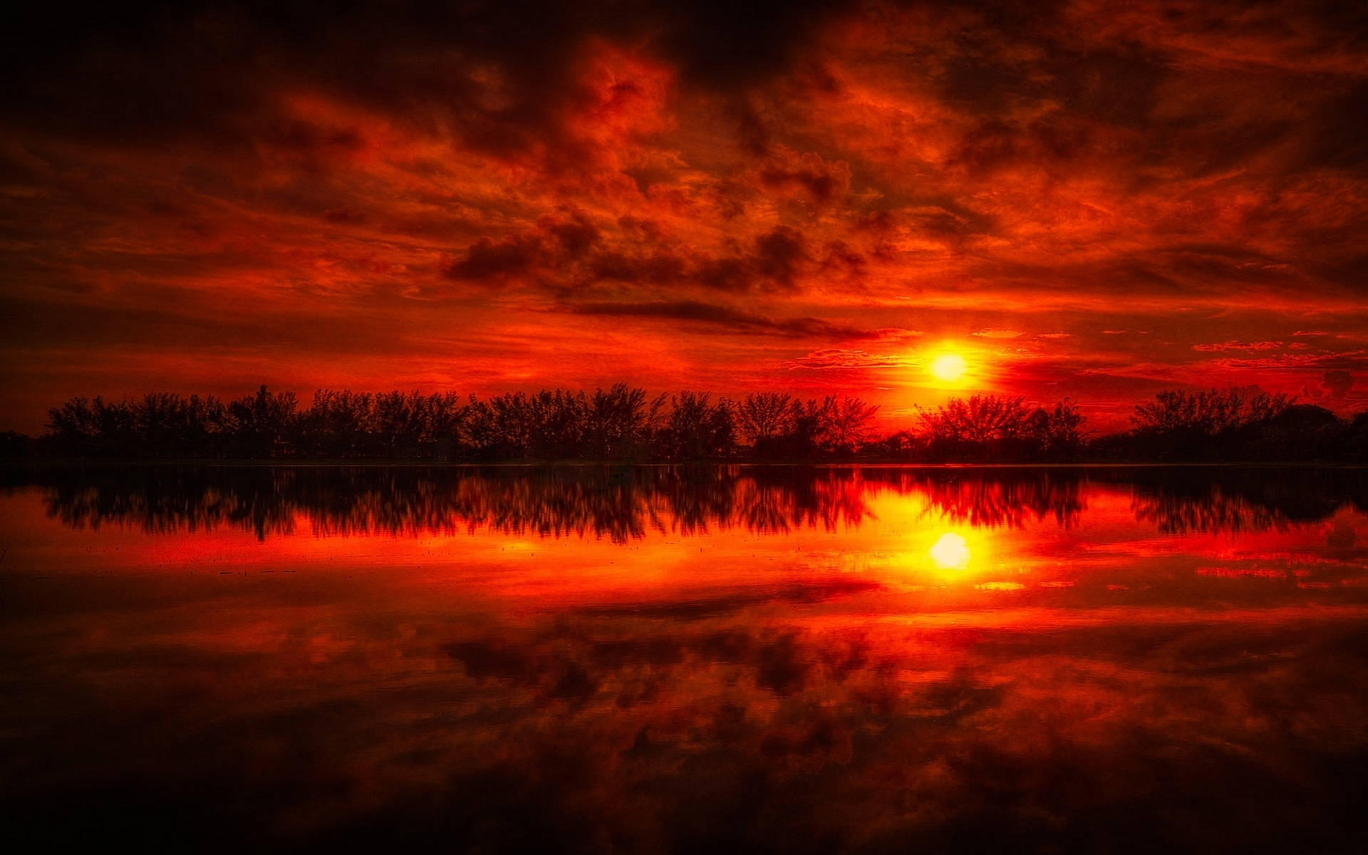 Lake With Red Fire Sky Background