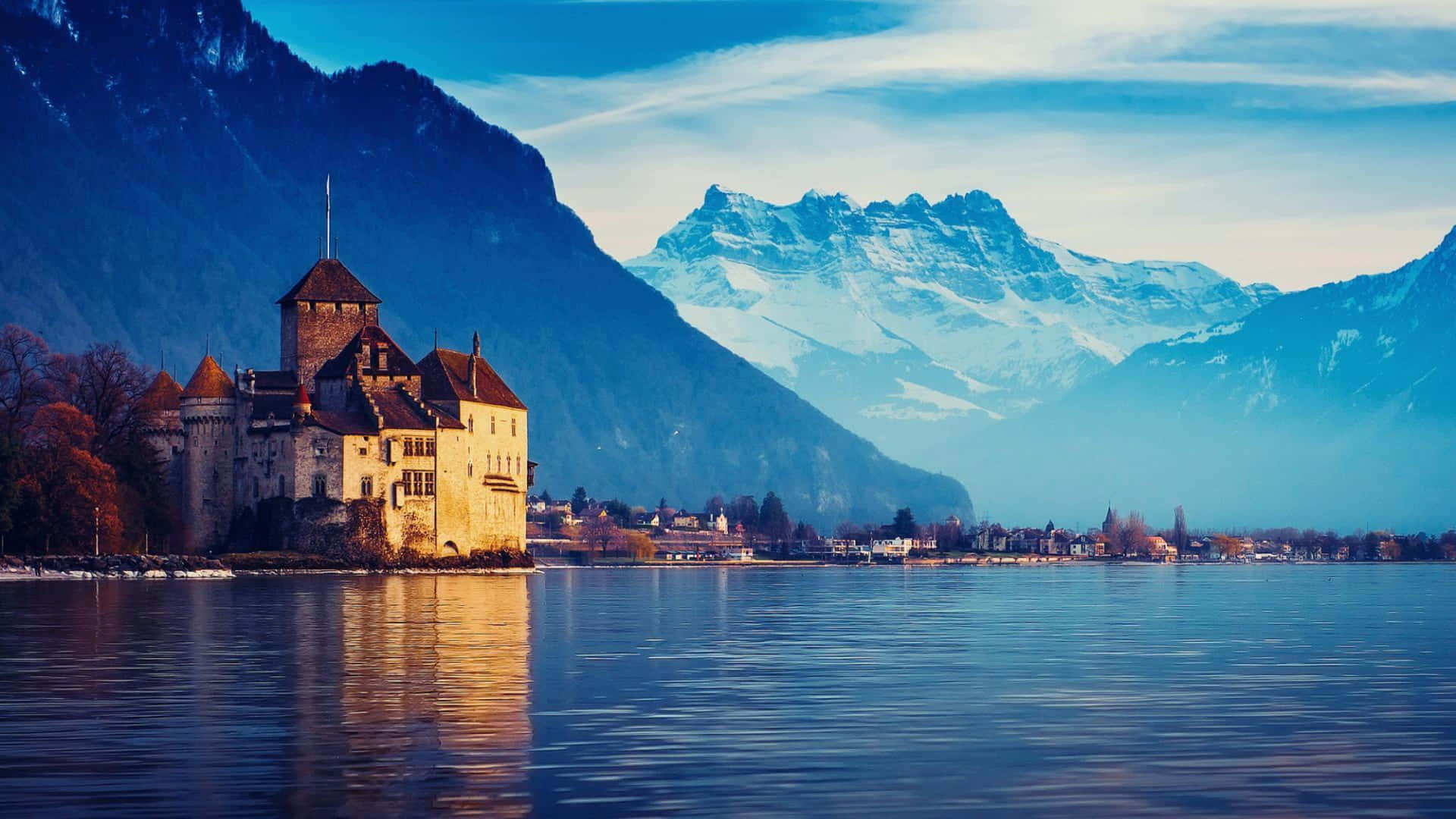Lakefront_ Castle_ Mountain_ View_4 K_ Ultra_ Wide Background